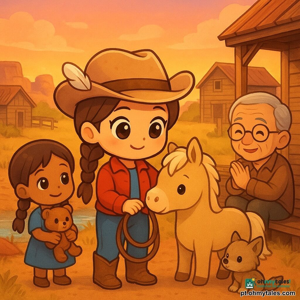 Uma jovem cowgirl sorridente e corajosa, olhos grandes, trança castanha, chapéu de couro bege com pena branca, jaqueta curta vermelha e botas empoeiradas, segurando um laço de couro e acariciando a cabeça de um pequeno cavalo loiro com postura protetora; atrás dela, uma menina de cerca de 8 anos de tranças castanhas, vestido azul simples e um ursinho, aliviada e abraçando o laço; na varanda, um senhor de cerca de 70 anos, cabelo grisalho, pele enrugada e óculos redondos, aplaudindo emocionado; perto das botas, um filhote de coiote peludo com a pata levemente enfaixada, curioso; ao fundo, vilarejo do Velho Oeste ao pôr do sol com casas de madeira, prados amarelos, rochas vermelhas e um riacho, céu alaranjado com nuvens rosas; situação de reencontro e cuidado após a devolução de um laço precioso, atmosfera calorosa e acolhedora, composição centrada e cores suaves com contrastes quentes.