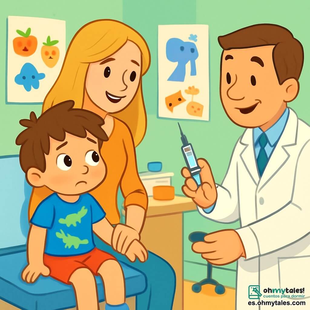 Un niño de 4 años, Lucas, con cabello castaño desordenado y grandes ojos curiosos, mira con una expresión nerviosa y valiente. Lleva una camiseta azul con dinosaurios y un pantalón corto rojo, sentado en una mesa de examen en un consultorio médico. A su lado, su madre, una mujer sonriente de unos treinta años con cabello largo y rubio, le sostiene la mano con una mirada reconfortante. Ella lleva una bata ligera y pantalones cómodos, cerca de él para tranquilizarlo. El lugar es una sala de examen luminosa, con paredes pintadas de verde pastel, carteles coloridos de frutas y animales, y juguetes de madera en una estantería. Al fondo, un estetoscopio y instrumentos médicos están ordenadamente dispuestos en una mesa. La situación principal muestra a Lucas sentado, listo para recibir una pequeña inyección, mientras el doctor, un hombre de mediana edad con bata blanca, se acerca con una sonrisa amigable, sosteniendo una jeringa. La atmósfera es cálida y reconfortante, ilustrando el momento en que Lucas supera su miedo con el apoyo de su madre.