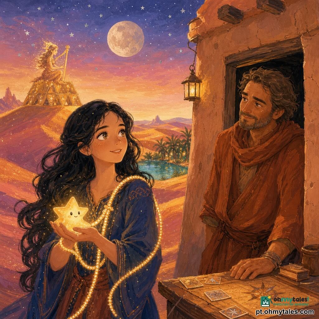 Uma jovem de rosto doce e olhos brilhantes sorri serenamente e oferece contra o peito uma corda de luz dourada a um homem de pele bronzeada, vestido de tons terrosos, que a observa com orgulho e ternura, mão apoiada numa mesa de cartas de vento; na palma dela repousa uma pequena estrela caída, criatura luminosa que emite um brilho suave; ao longe, uma princesa de areia toca uma harpa de raios sentada num castelo de cartas douradas sobre uma duna; cenário: deserto de dunas douradas e rosadas com textura granuleosa, miragens coloridas, um oásis de hortelã verde-azulado e céu crepuscular com estrelas prateadas e grande lua cheia; atmosfera mágica e acolhedora, cores gouache opacas, pinceladas visíveis, contrastes suaves, luz tamizada e leves brilhos, cena principal: gesto terno de oferta da corda de luz e troca de olhares que transmitem paz restaurada.