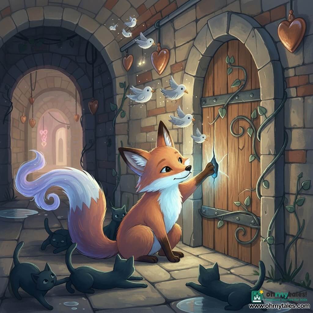 The main character is a small, gentle paper lantern fox with a warm blue glow in its chest, folded-paper ears and a frayed tail that releases lavender-scented wisps; calm and caring, it crouches by an old door, sealing a gap with its glowing paw. A secondary group of slate-gray kitten-like shadows cluster reassuredly around the fox, stretched along the stone floor, while a pale grey cloud of fragile "sigh-birds" spirals inward through the doorway as one tiny bird finishes a note. The setting is an ancient city tunnel of beige and blue-gray stone with brick arches, copper heart lampposts, metallic ivy, distant pink neon, and puddles reflecting the fox’s warm light. The scene shows the fox gently closing a half-metal, half-ivy door that had let the sigh-birds out; the mood is intimate, calm and restorative, with soft contrast between the fox’s blue glow and the warm stone shadows.