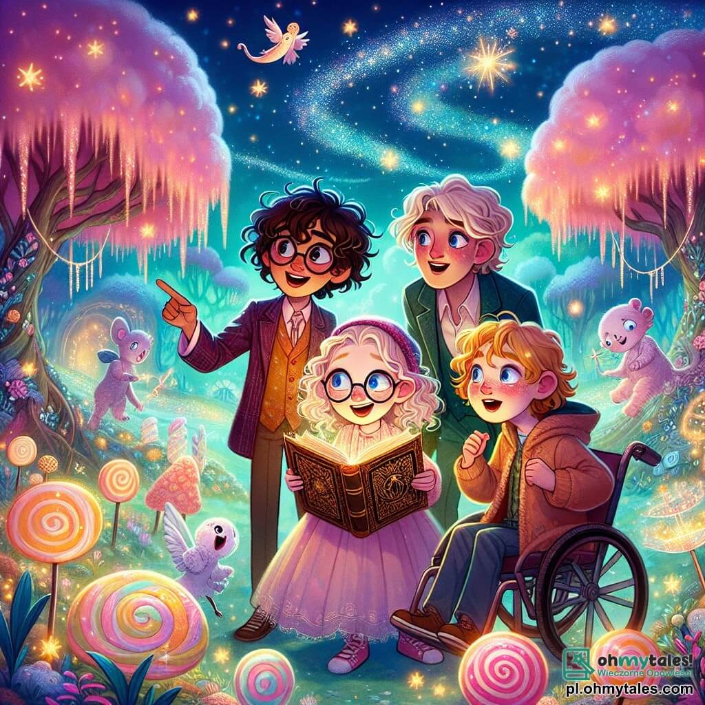 W magicznym krajobrazie czterech dzieci stoi w centrum sceny. Zosia, 10-letnia dziewczynka z kręconymi włosami i okularami, trzyma w rękach starą, błyszczącą książkę, a jej twarz jest oświetlona ciekawością. Po jej prawej stronie Kacper, 11-letni chłopiec z blond włosami i błyszczącymi oczami, wskazuje na gwiaździste niebo z zachwytem. Po lewej stronie Olek, 10-letni chłopiec na wózku inwalidzkim, patrzy z determinacją, a jego oczy błyszczą od odwagi. Na końcu Maja, 9-letnia dziewczynka z warkoczami i figlarnym spojrzeniem, radośnie skacze na chmurze w pastelowych kolorach, otoczona małymi, migoczącymi gwiazdami. Tło to fantastyczna planeta, gdzie kolorowe chmury unoszą się jak cukierki w gwiaździstym niebie, a drzewa o spiralnych pniach i świecących liściach wznoszą się wokół nich. Magiczne światła tańczą w powietrzu, tworząc baśniową i czarującą atmosferę. Dzieci przygotowują się do rozwiązania magicznej zagadki, trzymając klucz do przygody w dłoniach, podczas gdy stary, dobroduszny czarodziej Merlino obserwuje ich z uśmiechem, gotowy, by poprowadzić ich w poszukiwaniu przywrócenia równowagi wszechświata.