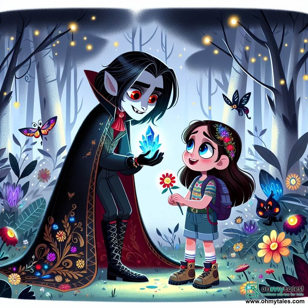 In an enchanted forest, a vampire named Victor with long black hair and bright red eyes stands at the center of the image. He has a mischievous smile and a flowing black cape, curiously looking at a glowing blue crystal in his hand. Next to him, Mia, a 10-year-old girl with brown hair and sparkling eyes, is amazed by the magic around her. She wears a colorful dress and hiking shoes, kneeling to touch a flower dancing to an invisible melody. In the background, the forest is filled with silver-leaved trees shimmering under the moonlight, with multicolored flowers that seem to sing. Fireflies light the path, creating a fairy-tale atmosphere. The main scene shows Victor and Mia united in their quest to activate the magical crystal, surrounded by fantastic creatures encouraging them, while a gentle breeze makes the leaves dance around them.