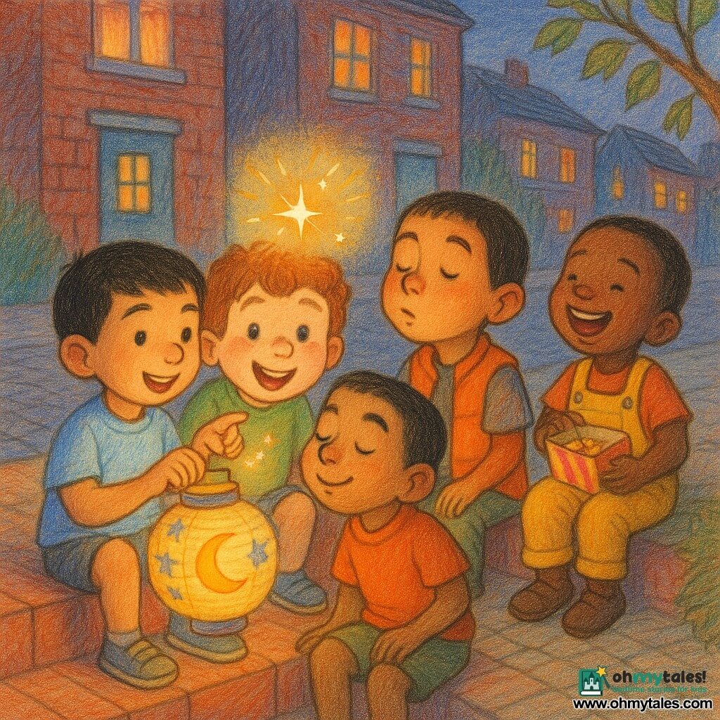 Four 5‑year‑old boys—Omar (olive skin, short black hair, light blue shirt, holding a small paper lantern painted with stars and a crescent, seated front left), Sami (fair skin, curly brown hair, green T‑shirt, leaning toward Omar smiling and pointing at the lantern, seated center‑left), Zayd (olive skin, short black hair, orange vest, sniffing the air toward the lantern as if smelling cinnamon, seated center‑right) and Bilal (dark skin, short hair, yellow overalls, laughing and holding an open snack box, seated right slightly back)—sit on the steps of a brick residential street at dusk with warm lit windows and a tree branch in the top right; a small glowing spark floats above the lantern casting a golden halo and glitter as the children watch with curious, joyful expressions in a soft, warm, magical scene rendered in pastel tones and colored‑pencil textures.