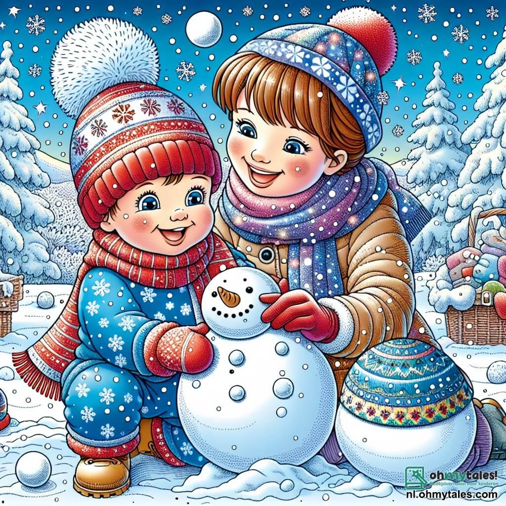 Een jongetje van 1 jaar met grote, glanzende ogen en roze wangen lacht luid in de sneeuw. Hij draagt een blauwe overall met sneeuwvlokmotieven, een rode sjaal en een wollen muts met een pompon. Zijn moeder, een vrouw van ongeveer 30 jaar, staat naast hem, glimlachend, met bruin haar in een knot. Ze draagt een dikke jas en een kleurrijke sjaal en helpt hem een sneeuwpop te bouwen. De achtergrond is een betoverend winterlandschap met bomen bedekt met glinsterende sneeuw, een heldere blauwe lucht en zacht vallende sneeuwvlokken. De hoofdscène toont het jongetje dat sneeuwballen rolt om een sneeuwpop te maken, terwijl zijn moeder hem aanmoedigt met een grote glimlach, wat een vrolijke en warme sfeer creëert.