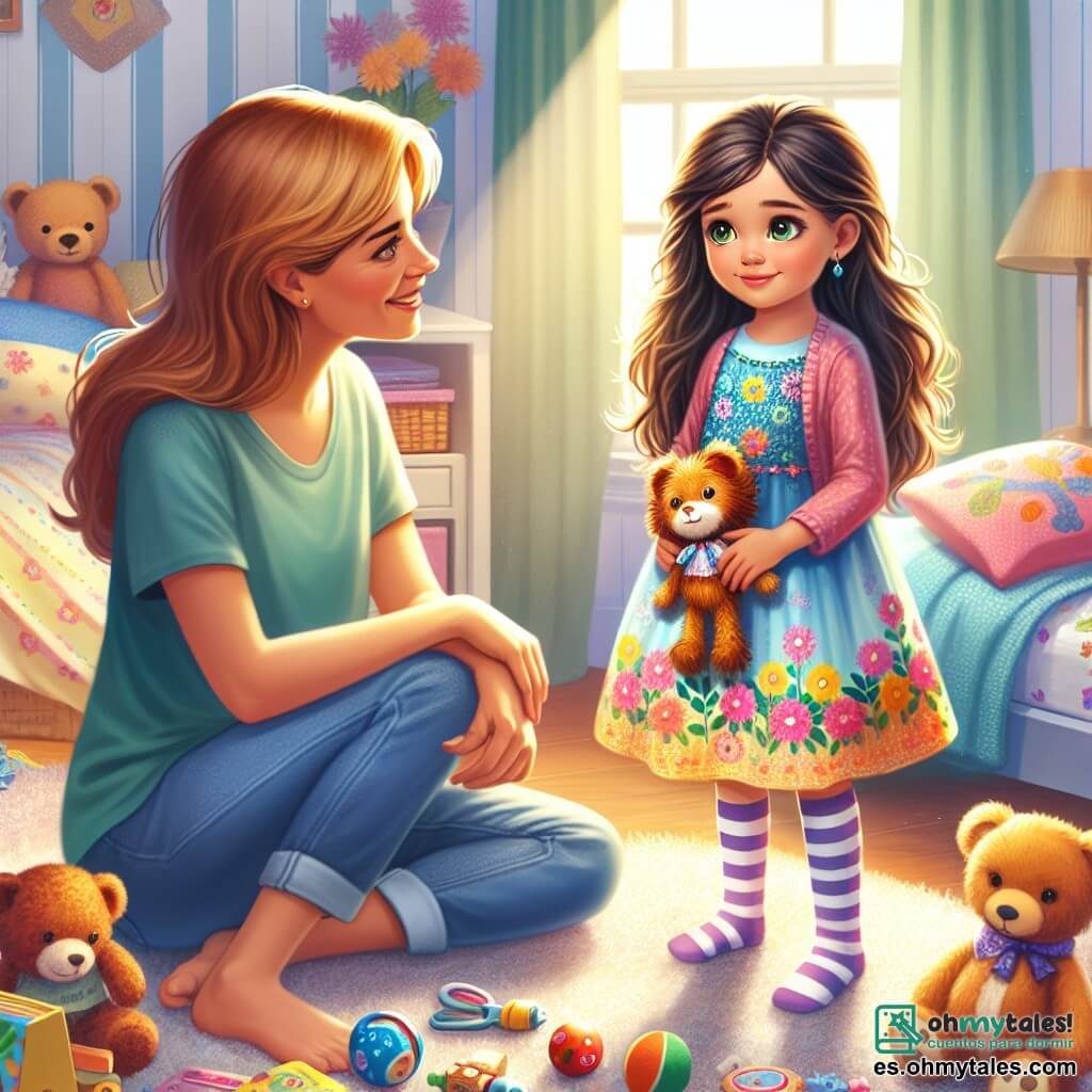 Una niña de 4 años, llamada Sofía, con largos cabellos castaños y ojos llenos de curiosidad, está en el centro de la imagen. Tiene una expresión sincera y algo preocupada mientras mira a su mamá. Sofía lleva un bonito vestido colorido con motivos de flores y calcetines a rayas. Su mamá, una mujer de unos 30 años, tiene el cabello castaño y viste una camiseta azul con jeans. Está agachada junto a Sofía, sonriéndole cálidamente y apoyando una mano en su hombro. La escena tiene lugar en una habitación luminosa y acogedora, llena de juguetes coloridos, peluches y una gran alfombra suave. Un rayo de sol entra por la ventana, iluminando la habitación y creando una atmósfera cálida. Sofía, sosteniendo su juguete roto en sus manos, le explica a su mamá lo que sucedió. Ha decidido decir la verdad después de aprender la importancia de la honestidad, y la situación muestra el momento en que confiesa su error, con una mezcla de nerviosismo y valentía en su mirada.