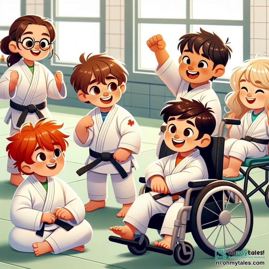 In een grote, lichte dojo met witte muren en een zachte groene mat, zijn vijf kinderen samengekomen. Max, een zesjarig jongetje met rommelig bruin haar, draagt een witte judogi en glimlacht blij terwijl hij zich voorbereidt om judo te oefenen. Rechts van hem zit Yara, een zesjarig meisje met krullend blond haar in haar rolstoel, met een grote glimlach, klaar om haar vrienden aan te moedigen. Links van Max toont Sam, een zesjarig jongetje met ronde bril en zwart haar, enthousiast een judo-techniek. Naast hem maakt Noah, een zesjarig jongetje met rood haar en sproeten, een overwinningstegebaar met zijn armen omhoog. Ten slotte bereidt Liam, een zesjarig jongetje met kastanjebruin haar en een pet, zich voor om een judo-techniek te demonstreren, geconcentreerd op zijn beweging. De hoofdscène toont Max, die net op de mat is gevallen na het proberen van een nieuwe techniek, met een verraste uitdrukking op zijn gezicht, terwijl zijn vrienden bezorgd maar ondersteunend naar hem toe rennen, klaar om hem te helpen opstaan.