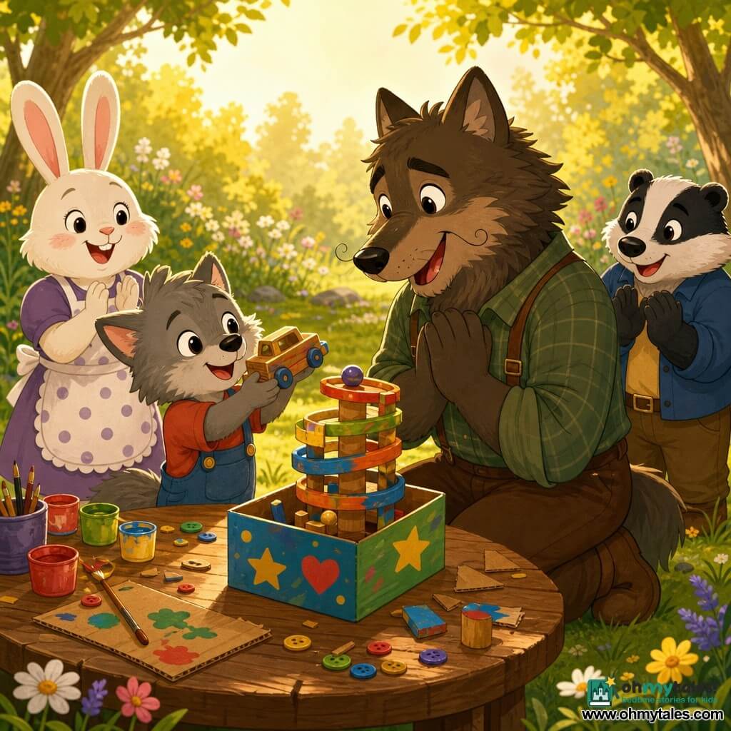Little Wolf, a small anthropomorphic wolf with soft grey fur, round bright eyes and a proud smile, sits at a paint-splattered wooden table presenting a handmade toy car to Papa Wolf, a large dark-brown anthropomorphic wolf with tender eyes and curly whiskers who crouches opposite, moved and smiling; Mrs. Rabbit (a white rabbit in a polka-dot apron) and Mr. Badger (a stocky black-and-gray striped badger) clap nearby in a sunny clearing with green grass and wildflowers as the little wolf offers a colorful game tower in a decorated box for Father’s Day, the friends smile and golden sunlight warms their faces—crisp vector illustration, bright contrasting colors, simple shapes, thick outlines, warm expressions, composition centered on the two wolves.