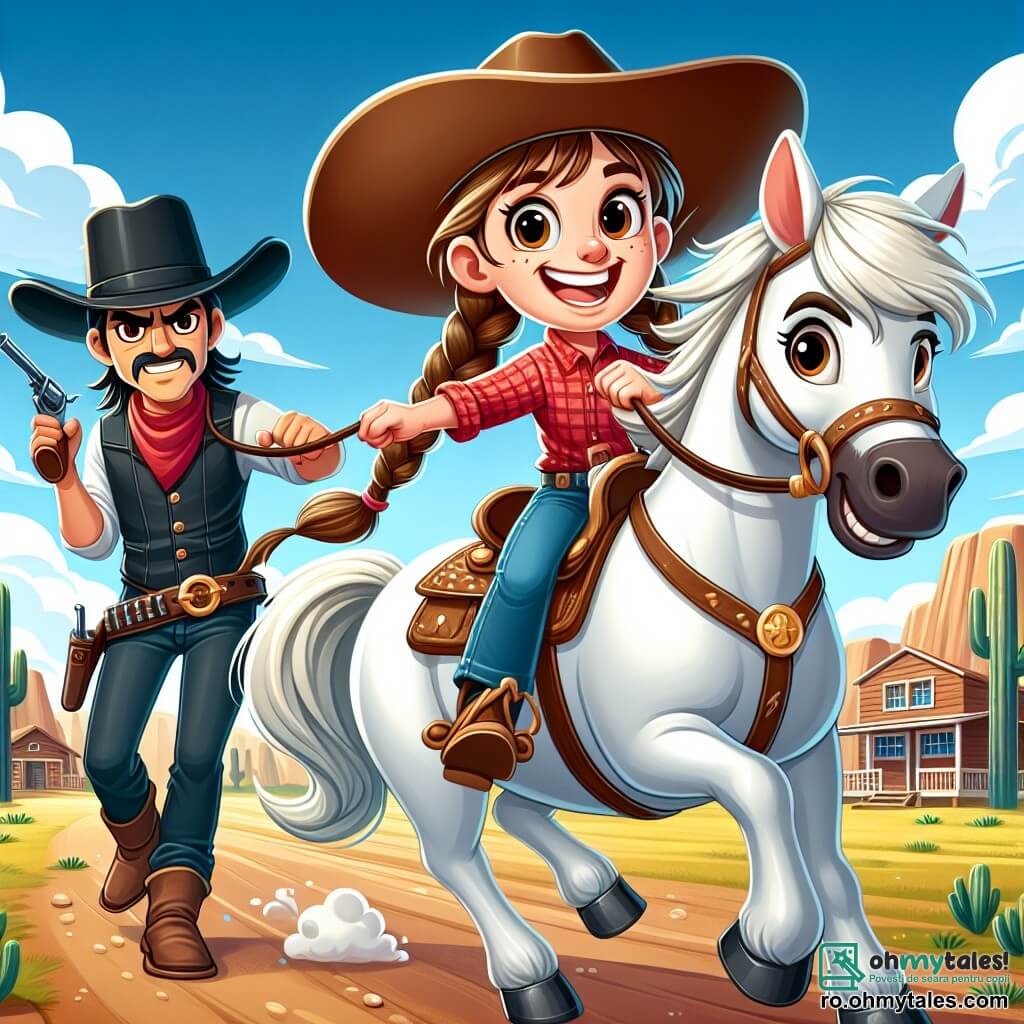 O fată cowboy veselă, Annie, de aproximativ 10 ani, cu părul lung castaniu și împletituri, poartă o pălărie mare de cowboy și o cămașă în carouri roșii. Ea zâmbește entuziast, ținând hățurile calului său, Steluța, un cal alb magnific cu coamă mătăsoasă, care pare gata să alerge. Lângă ea, un bandit cu o față șireată, de aproximativ 30 de ani, cu o pălărie neagră și mustață, stă retras, având un aer frustrat. Peisajul este un vast peisaj din Vestul Sălbatic, cu coline aurii, cactuși verzi și un cer albastru strălucitor presărat cu nori albi. Departe se zărește un mic ranch din lemn. Scena reprezintă momentul palpitant al cursei de cai, în care Annie și Steluța se avântă cu hotărâre, în timp ce banditul încearcă să le blocheze calea, creând o atmosferă de aventură și competiție.