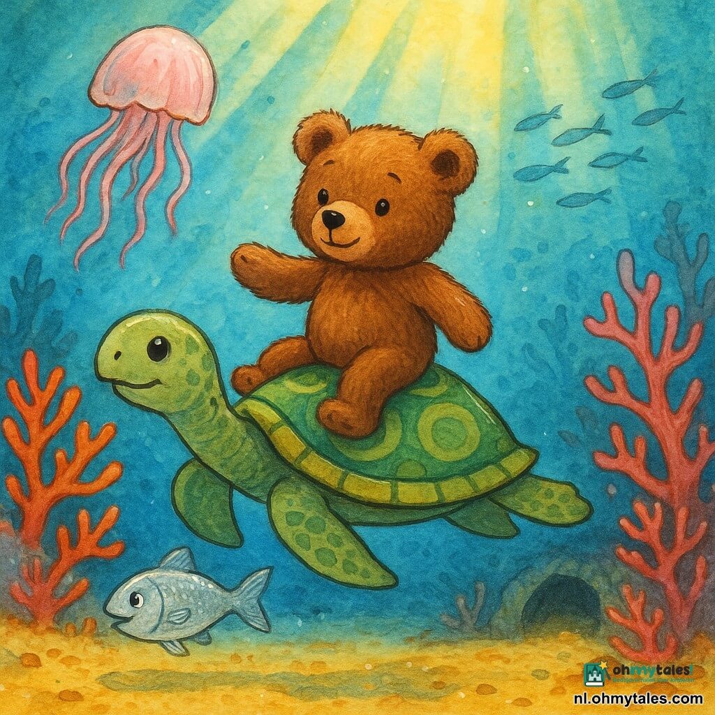 Een klein realistisch bruin knuffelbeertje met glanzende vacht en verwonderde blik drijft licht boven het zand, gedragen door een brede rustige zeeschildpad met een groene schild; een klein zilveren visje genaamd Fin zwemt voor hen en wijst de weg, terwijl een bleekroze doorschijnende kwal als een zwevende lantaarn boven hen danst; op de kleurrijke zeebodem staan roze en oranje koraalstruiken, scholen zilveren sardines, gouden lichtstralen en glinsterend zand bij een kleine gloedende grot, in een kalme, geruststellende en wondervolle sfeer.