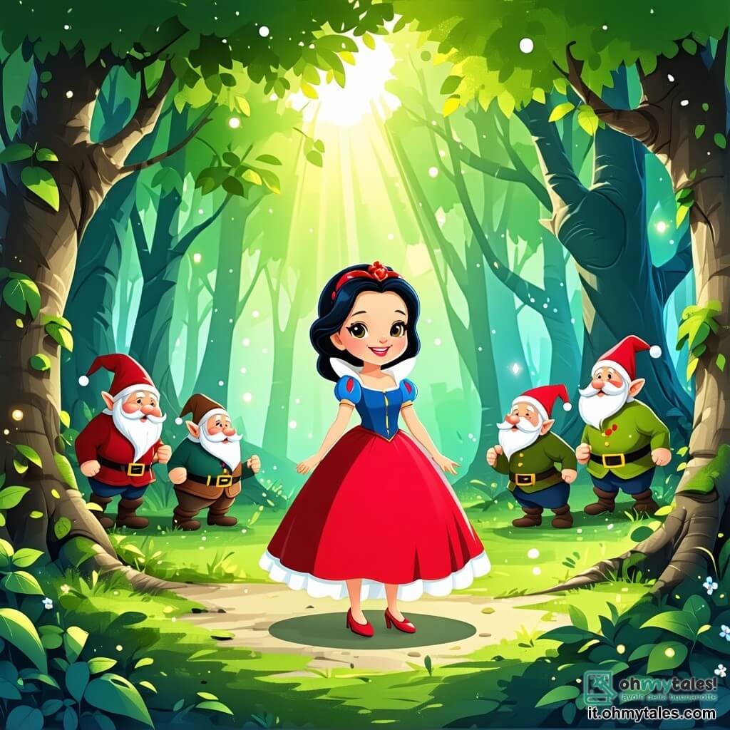 Biancaneve, una giovane con capelli neri come l'ebano e pelle chiara come la neve, si trova in una radura incantata, con un sorriso meravigliato sul volto. Indossa un vestito rosso vivo che contrasta con il verde brillante delle foglie circostanti. I suoi occhi brillano di eccitazione mentre guarda i sette nani che la circondano. I sette nani, ciascuno di circa 50 anni, sono personaggi colorati e gioiosi. Il primo, un nano con barba rossa, dipinge fiori su una tela, mentre un altro, con un cappello blu, suona il flauto, creando una dolce melodia. Un terzo, con occhiali tondi, legge un libro sotto un albero, immerso nella sua storia. La radura è illuminata da una luce dorata, circondata da alberi maestosi. Fiori multicolori danzano al vento e un ruscello scintillante serpeggia nel paesaggio. Biancaneve, piena di gioia e curiosità, si prepara a danzare con i nani, celebrando la loro amicizia e la magia della natura che li circonda.