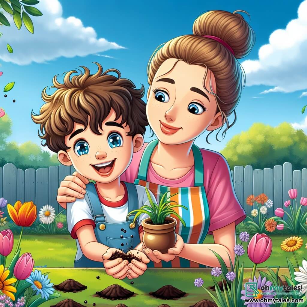 A 10-year-old boy named Max, with curly brown hair and sparkling blue eyes, is planting flower seeds in a sunny garden. He has a big smile, overflowing with excitement and joy. Beside him is his mom, a woman about 35 years old with brown hair tied in a bun and a colorful apron, encouraging him while holding a small flower pot. She leans slightly toward him, sharing a special moment. In the background, the garden is filled with colorful flowers, including tulips, daisies, and sunflowers swaying in the spring breeze. The sky is a bright blue, dotted with fluffy white clouds. Max and his mom are surrounded by an atmosphere of happiness and creativity as they prepare their garden for spring.