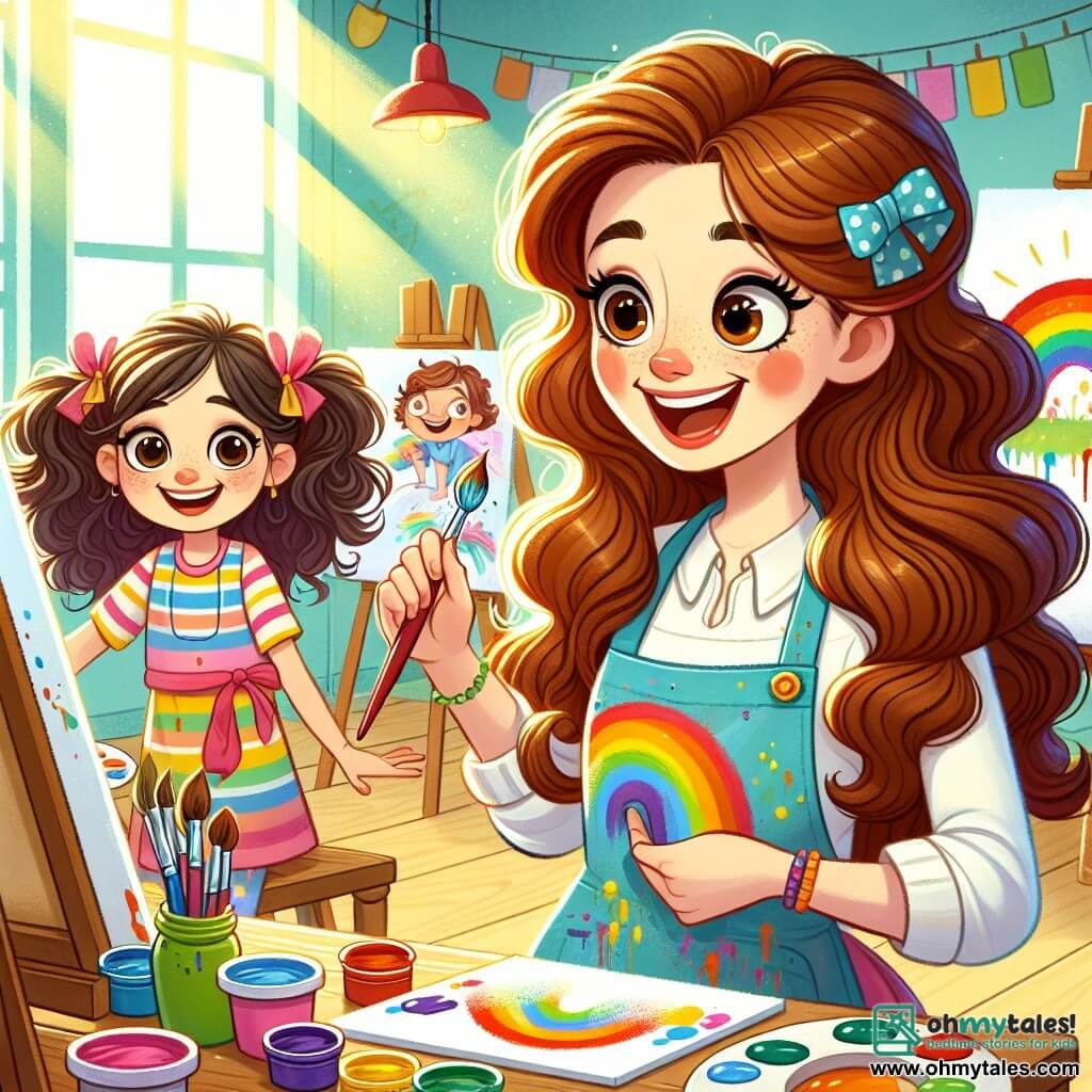 In a bright and colorful studio, a cheerful woman named Miss Lily, with long curly hair and a paint-splattered apron, smiles enthusiastically while holding a brush. Her face radiates happiness as she encourages children to express their creativity. Next to her, a 7-year-old girl with big brown eyes and colorful ribbons in her hair paints a beautiful rainbow on a canvas, looking amazed and focused, her cheeks flushed with excitement. An 8-year-old boy with curly hair and a big smile stands a bit further away, painting a joyful tree while looking at Miss Lily with admiration, ready to show his work. The studio is filled with vibrant colors, with paint pots scattered on wooden tables, canvases hanging on the walls, and sunlight streaming through the windows, warmly illuminating the space. In this scene, Miss Lily and the children are having fun creating art together, each expressing their imagination on the canvas, filling the studio with joy and creativity.