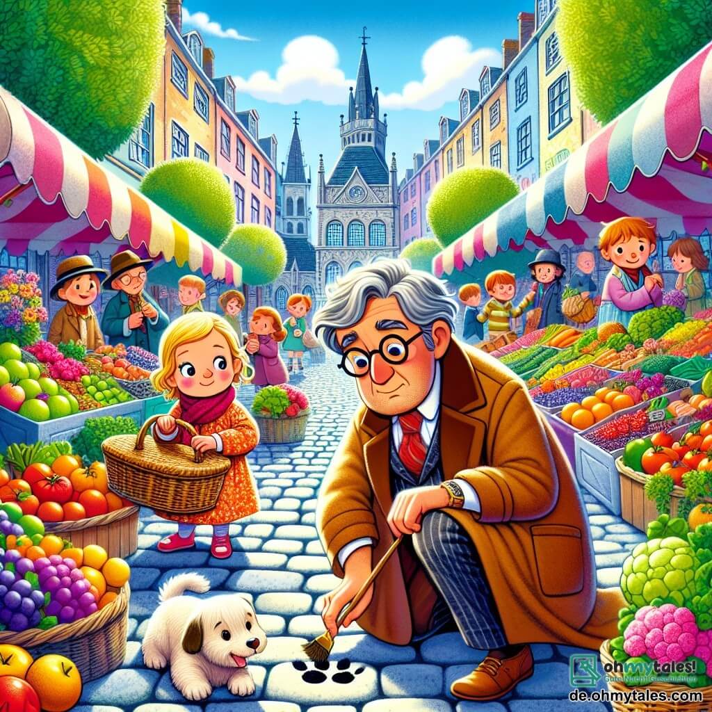 Ein Mann, der Detektiv Herr Winter, kniet auf dem Marktplatz mit einem konzentrierten und neugierigen Ausdruck auf seinem Gesicht. Er hat graue Haare, runde Brillen und trägt einen braunen Mantel mit einem roten Schal. In einer Hand hält er einen kleinen Pinsel und untersucht einen geheimnisvollen Pfotenabdruck im Staub. In der Nähe steht eine ältere Frau, Frau Schmitt, etwa 60 Jahre alt, mit einem Korb voller bunten Gemüse. Sie hat weiße Haare im Dutt und ein freundliches Lächeln, während sie den Detektiv interessiert beobachtet. Der Ort ist ein lebhafter Markt mit bunten Obst- und Gemüseständen, leuchtenden Blumen und Kindern, die um einen Steinbrunnen in der Mitte spielen. Der Himmel ist blau und sonnig, was der Szene eine fröhliche Atmosphäre verleiht. Die Hauptsituation zeigt Herr Winter, der einen geheimnisvollen Pfotenabdruck entdeckt, während Frau Schmitt, neugierig auf seine Ermittlung, stehen bleibt, um ihn zu beobachten.