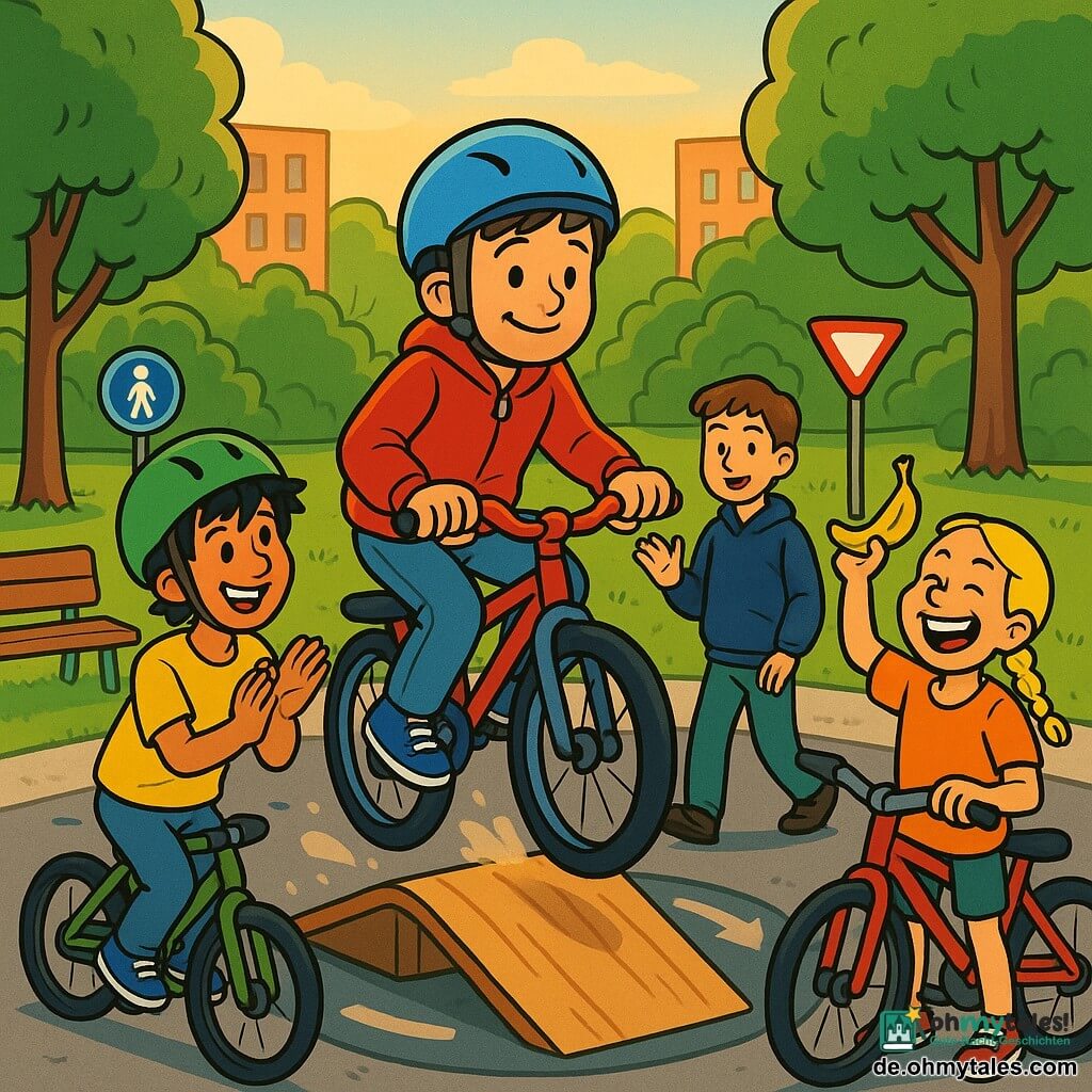 Vier 11-jährige Jungen: Mats, braune kurze Haare, konzentriertes aber lächelndes Gesicht, hellblauer Helm, rote leichte Jacke, sitzt zentriert auf seinem Fahrrad und fährt gerade behutsam über eine kleine helle Holzrampe mit festem Blick nach vorn; Emir, schwarze zerzauste Haare, grüner leicht schiefer Helm, gelbes T‑Shirt, fährt links neben der Rampe und applaudiert ermunternd; Jonne, blonde Haare, grinsspendende Zöpfe, orange T‑Shirt, steht rechts neben seinem Rad und hält eine Banane wie einen Pokal; Timo, kastanienbraunes Haar, ruhiger Ausdruck, dunkelblauer Pullover, geht im Hintergrund neben der Rampe, Hand erhoben, bereit zu helfen. Ort: heller, bunter Stadtpark am Morgen mit breiten weichen Asphaltwegen, kurz gemähtem Gras, runden Bäumen, spielerischen Verkehrsschildern, ein Holzbank, wenige Bodenmarkierungen. Szene: dynamisch und warm, Mats überquert die Rampe, sichtbare Texturen (holzmaserung, Reifen auf Asphalt, feiner Staub), unterstützende, stolze Mienen, weiches Morgenlicht mit langen Schatten, kräftige kontrastreiche Farben; Stil: 90er‑Cartoon, klare Linien, schwarze Konturen, einfache Schattierung, positive Atmosphäre.