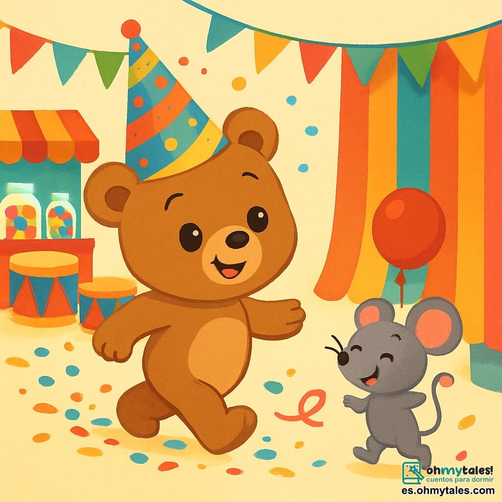 Un pequeño oso de peluche, alegre y curioso, lleva un gran sombrero de fiesta decorado con confeti colorido. Sus ojos brillan de emoción mientras avanza por un camino de confeti brillante. A su lado, un pequeño ratón gris, travieso y sonriente, sostiene un globo rojo brillante y baila sobre sus patas traseras. Al fondo, un decorado de carnaval deslumbrante con guirnaldas multicolores, puestos de dulces de colores vivos y tambores que resuenan. El osito se acerca a la gran cortina de colores, listo para descubrir las maravillas escondidas detrás.