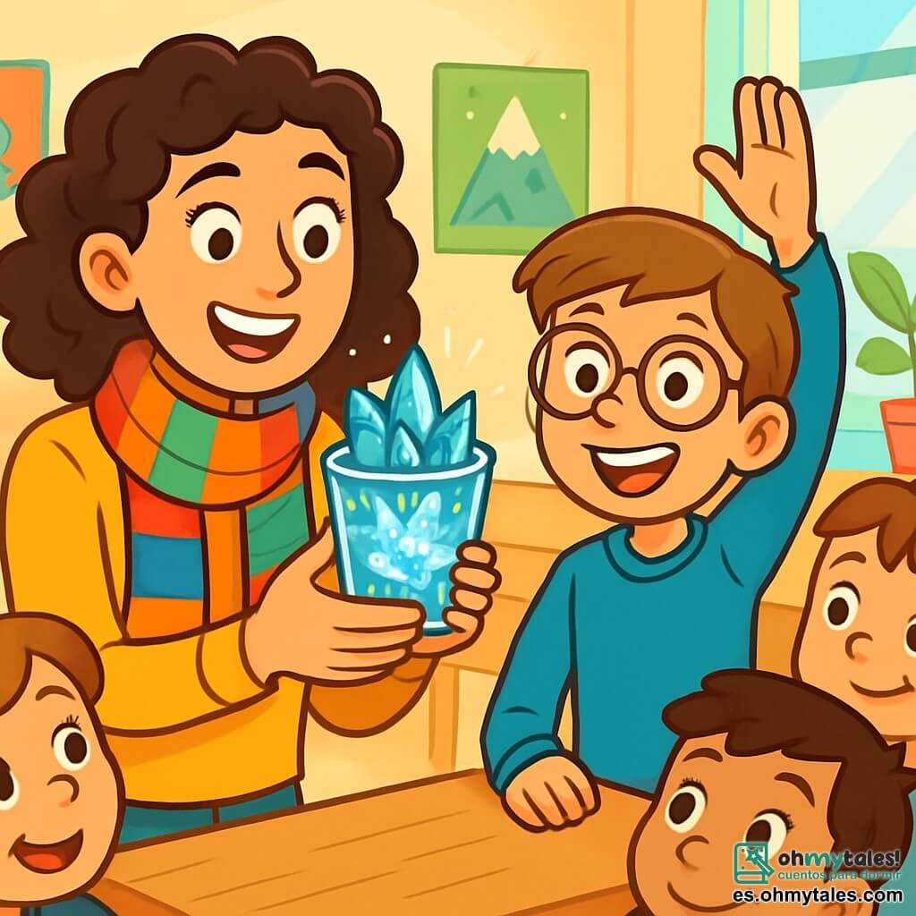 Una maestra de unos treinta años, con cabello rizado y una amplia bufanda colorida, sonríe alegremente mientras muestra un vaso lleno de cristales brillantes a sus alumnos. Sus ojos brillan de emoción y orgullo. A su lado, Lucas, un niño de 9 años con gafas y cabello castaño, levanta la mano con una gran sonrisa, listo para explicar el proceso de formación de los cristales. Se posiciona ligeramente hacia adelante, irradiando confianza. La escena tiene lugar en un aula luminosa, con paredes pintadas de colores vivos, carteles educativos y ventanas que dejan entrar la luz del sol. Las mesas de madera están dispuestas en semicírculo, y plantas verdes añaden un toque de naturaleza. La situación principal muestra a la maestra y a Lucas, rodeados de sus compañeros, todos maravillados por la magia de los cristales que brillan en el vaso. Los niños, cautivados, observan atentamente, ansiosos por descubrir las maravillas de la ciencia.