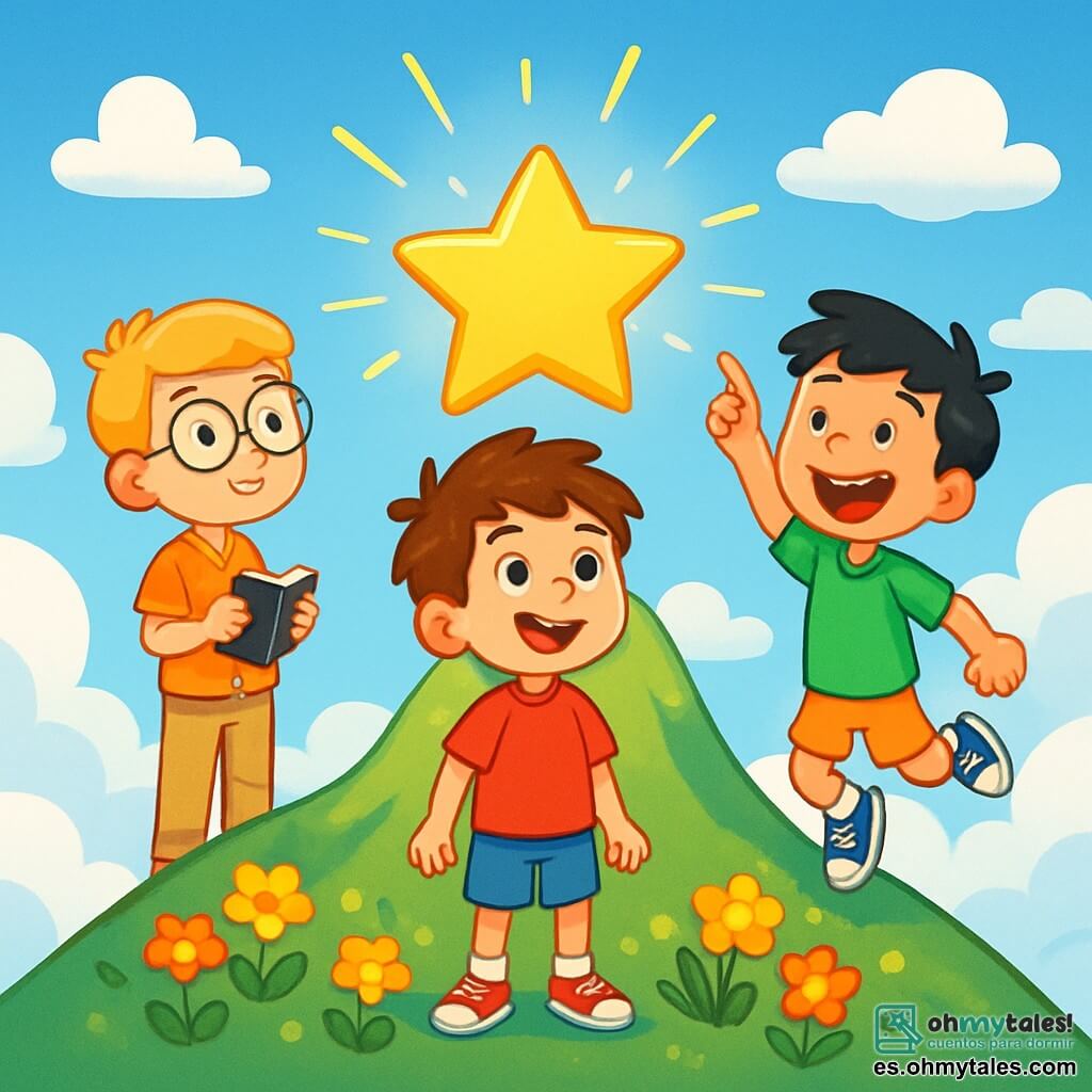 Hay 3 personajes: - Lucas: un niño de 7 años, con cabello castaño desordenado y ojos brillantes. Lleva una camiseta roja y un pantalón corto azul. Está en el centro, mirando con asombro la escena frente a él. - Mateo: un niño de 7 años, con cabello rubio y gafas redondas. Lleva una camisa a cuadros y un pantalón beige. Está ligeramente a la izquierda, sosteniendo un pequeño cuaderno en sus manos, listo para anotar sus descubrimientos. - Tomás: un niño de 7 años, con cabello negro y una gran sonrisa. Lleva una camiseta verde y un pantalón corto naranja. Está a la derecha, saltando de emoción, señalando la gran estrella dorada que brilla en la cima de la montaña. La situación principal se desarrolla en la cima de una majestuosa montaña, rodeada de suaves y esponjosos nubes. El cielo es de un azul brillante, salpicado de algunas nubes blancas. A sus pies, un paisaje de flores coloridas brilla bajo el sol, mientras que una gran estrella dorada centellea en el centro, emitiendo una luz cálida y mágica. Los tres amigos están descubriendo la Estrella de la Sabiduría, una estrella brillante, en la cima de la montaña. Están maravillados y llenos de emoción, listos para enfrentar el desafío del gigante de las nubes que guarda la estrella.
