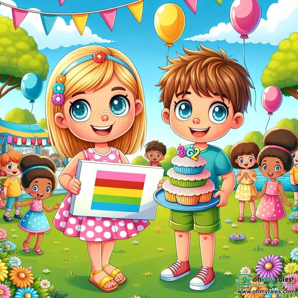 An 8-year-old girl named Lily, with sparkling blue eyes and freckles on her nose, joyfully smiles while holding a colorful sign that says "Equality for All." She wears a pink polka-dot dress and yellow sandals, standing in the center of a sunny park surrounded by greenery. Next to her, an 8-year-old boy named Max, with messy brown hair and a bright smile, is decorating a cupcake stand with colorful garlands. He wears a blue t-shirt and green shorts, looking very enthusiastic. In the background, a vibrant park filled with bright green trees, colorful flowers, and children playing on the grass can be seen. Balloons float in the blue sky, adding a festive touch to the atmosphere. The main scene shows Lily and Max, along with other children from different backgrounds, coming together to celebrate gender equality at a joyful event, playing and sharing laughter, illustrating the importance of friendship and mutual respect.