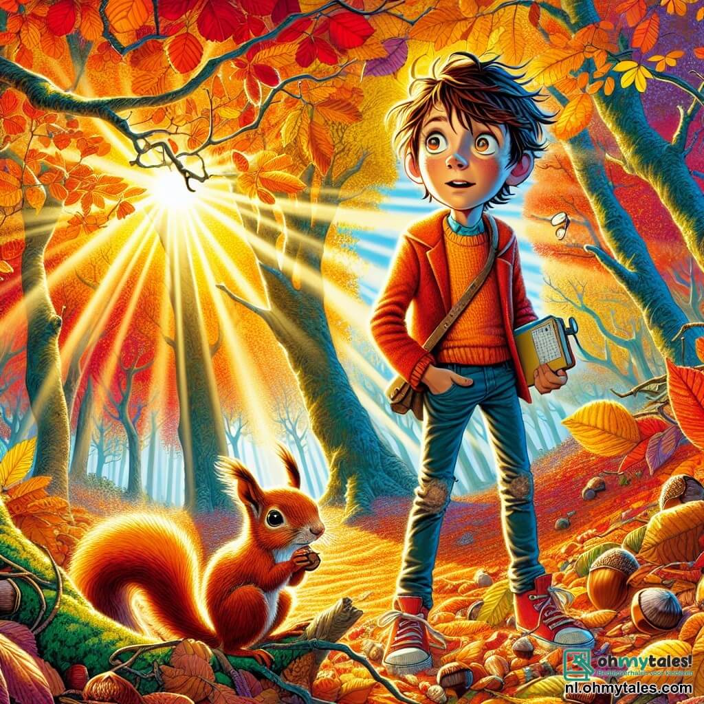 Een 10-jarig jongetje, Tim, met rommelig kastanjebruin haar en nieuwsgierige ogen, staat in het midden van een herfstbos. Hij draagt een feloranje trui en een spijkerbroek, terwijl hij een notitieboekje en een klein vergrootglas vasthoudt, met een verwonderde glimlach op zijn gezicht. Dichtbij klimt een klein eekhoorntje met glanzende ogen en een roestkleurige vacht in een boom, met een hazelnoot in zijn pootjes. De grond is bedekt met gouden, rode en bruine bladeren, terwijl zonnestralen door de takken van de bomen schijnen, wat een spel van schaduw en licht creëert. Tim observeert gefascineerd de heldere kleuren van de natuur en lijkt klaar om de wonderen van de herfst om hem heen te ontdekken.