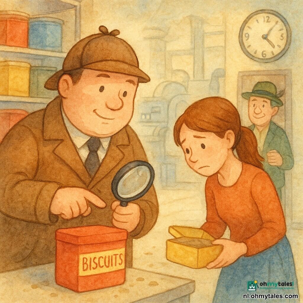 Bram, een grote ronde man met een glimlach maar geconcentreerd, in een bruin langjasje en detectivepet, houdt een glanzende loep en wijst naar een koektrommel; op de voorgrond, zelfverzekerd en aandachtig. Sanne, jong (±22) met kastanjebruin paardenstaart, licht beschaamd maar opgelucht, houdt een kleine open doos voor een metalen rek en leunt iets naar Bram. De heer Jansen, ±55, met een groenhoed met veer, glimlacht zacht en houdt een verkreukeld papiertje bij de deur op de achtergrond. De koekfabriek is een warme grote ruimte met metalen schappen vol gekleurde dozen (rood, blauw, geel), kruimels op de vloer, een grote klok op 15:00 en ronde machines achterin. Moment van ontdekking: Bram ontdekt dat Sanne dozen heeft verwisseld; zachte namiddaglicht door het raam, pasteltinten, korrelige aquareltextuur, geruststellende en nieuwsgierige sfeer.