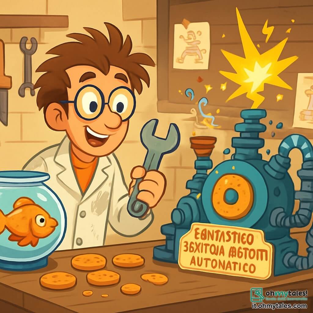 Tobia Tontini, un uomo dai capelli arruffati e occhiali rotondi, è in piedi nel suo garage, con gli occhi brillanti di eccitazione. Indossa un camice da laboratorio macchiato di farina e tiene una chiave inglese in una mano, mentre esamina una macchina stravagante fatta di pezzi eterogenei. Accanto a lui, il suo pesce rosso, un piccolo pesce dalle squame scintillanti, nuota in un boccale di vetro, osservando attentamente i movimenti di Tobia. Il garage è ingombro di vecchi attrezzi, barattoli pieni di viti e biscotti sparsi su un tavolo di legno. Disegni di invenzioni strane sono appesi alle pareti, creando un'atmosfera di creatività caotica. Tobia sta testando la sua invenzione, il Fantastico Sbriciola-Biscotti Automatico, che emette suoni strani e lampi di luce, mentre spera che i biscotti vengano perfettamente sbriciolati.