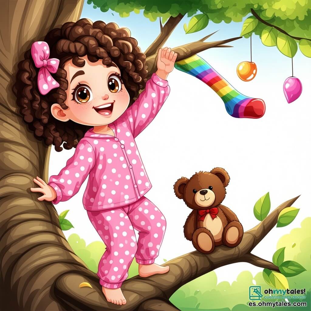 Una niña de 4 años, con grandes ojos brillantes y pelo rizado, lleva un pijama rosa con lunares y una sonrisa alegre en su rostro. Está trepando por una rama de árbol, extendiendo la mano para atrapar su calcetín de rayas de arcoíris que flota en el viento. A su lado, un pequeño osito de peluche llamado Osvaldo, con pelaje marrón y un lazo rojo alrededor del cuello, observa con curiosidad, sentado en una rama más baja. Abajo del árbol, una gata blanca con ojos verdes, la Señora Gata, se estira perezosamente, observando la escena con una expresión divertida. El jardín está lleno de flores coloridas, mariposas revoloteando y una suave luz de luna que ilumina la escena. La situación principal muestra a la niña en plena búsqueda de su calcetín perdido, con una expresión determinada y alegre en su rostro, rodeada de sus amigos animales que la animan.