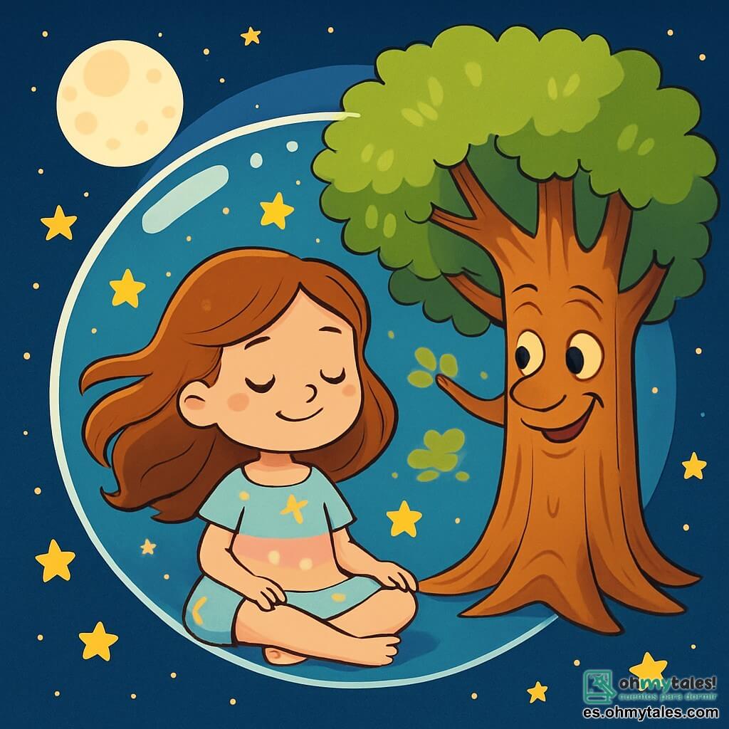Una niña de 6 años, llamada Luna, está sentada en posición de loto dentro de su burbuja transparente, con los ojos cerrados y una sonrisa serena en su rostro. Su cabello largo y ondulado flota suavemente a su alrededor, y lleva un vestido ligero de colores pastel, adornado con estrellas brillantes. Junto a ella, un árbol antiguo con un rostro amable se alza majestuosamente, con sus ramas extendidas como brazos protectores. Sus hojas brillan en un verde vibrante, y parece susurrar historias a Luna, quien lo escucha atentamente. La escena se desarrolla en un cielo nocturno estrellado, donde estrellas brillantes titilan alrededor de la burbuja de Luna, creando una atmósfera mágica y apacible. La luna, llena y luminosa, ilumina suavemente la escena, añadiendo un toque de dulzura. Luna respira profundamente, inspirando la tranquilidad de la noche, mientras el árbol cuenta una historia reconfortante, envolviendo la burbuja en calor y serenidad.