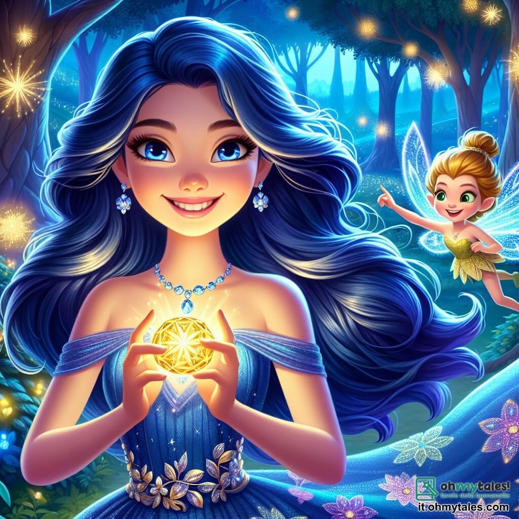 Al centro dell'immagine, una giovane donna di nome Luna, di circa 18 anni, sorride radiosa. Ha lunghi capelli ondulati di un blu profondo che fluttuano dolcemente nel vento. Indossa un magnifico abito blu decorato con motivi floreali scintillanti e tiene in mano una gemma luminosa che brilla di una luce dorata. I suoi occhi brillano di eccitazione e determinazione. Accanto a lei, un piccolo folletto di nome Fiamma, con ali scintillanti e capelli dorati, vola gioiosamente intorno a lei, con un sorriso malizioso, mentre indica la gemma, come se la stesse incoraggiando a usarla. Sullo sfondo, si estende una foresta magica con alberi maestosi e foglie brillanti che scintillano alla luce della luna. Fiori colorati e luminescenti punteggiano il terreno, creando un tappeto di colori vivaci. La scena principale mostra Luna e Fiamma che celebrano la scoperta della Gemma della Luce, illuminando la notte buia intorno a loro, mentre stelle scintillanti danzano nel cielo notturno.