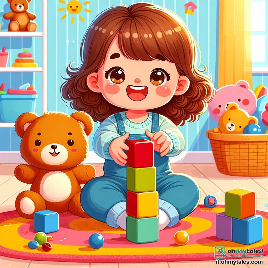 Una bambina di un anno, con grandi occhi brillanti e capelli ricci castani, è seduta su un tappeto colorato. Sorride gioiosamente, tenendo un blocco rosso nelle sue manine paffute, pronta a posarlo su una torre di blocchi. Accanto a lei, il suo amico di peluche, un orso di nome Bobo, è un adorabile orsetto con un naso rotondo e occhi scintillanti, che sembra incoraggiarla con un sorriso amichevole. Il luogo è una stanza luminosa, piena di giocattoli sparsi, con pareti dipinte di blu pastello e raggi di sole che filtrano attraverso una finestra. Al centro, un grande tappeto multicolore è cosparso di blocchi di diverse colori. La scena principale mostra Mia e Bobo intenti a costruire una torre di blocchi colorati, ma la torre inizia a oscillare pericolosamente. Mia ride a crepapelle, mentre Bobo sembra pronto ad applaudire, creando un'atmosfera gioiosa e divertente.