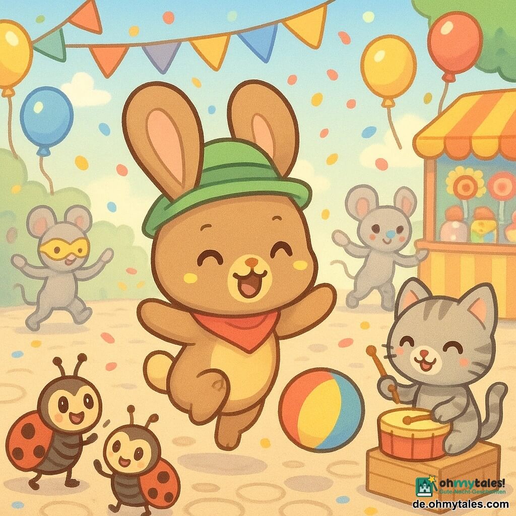 Ein fröhlicher kleiner brauner Hase mit großen schlappen Ohren, rotem Schal, lustigem grünen Hut und gelben Punkten auf der Nase springt im Zentrum; rechts sitzt ein graues Kätzchen auf einer Holzkiste und trommelt, links hüpfen zwei rote Marienkäfer mit schwarzen Punkten und klatschen, dahinter tanzen zwei graue Mäuse mit bunten Masken Händchen haltend auf einer gepflasterten Karnevalsstraße, die tagsüber mit Girlanden, Luftballons, Konfetti und Süßwarenständen geschmückt ist; der Hase teilt Bonbons und stößt einen bunten Ball mit den Pfoten, alle Freunde lachen und drehen sich im Kreis; einfache runde Formen, pastellhelle Farben, große glänzende Augen und klare lächelnde Ausdrücke, zentrale, gut lesbare Komposition für Kleinkinder.