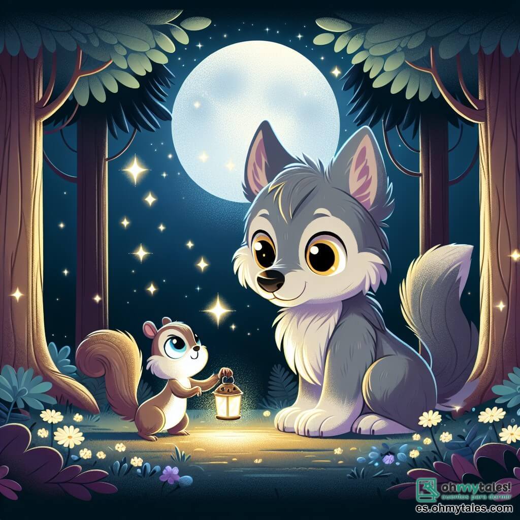 Un pequeño lobo de pelaje gris suave y ojos amarillos brillantes, con una expresión de curiosidad y aprensión, se encuentra en el centro de un claro nocturno, mirando maravillado las estrellas brillantes en el cielo oscuro. A su lado, una pequeña ardilla de pelaje marrón claro y ojos chispeantes de picardía, sonriente y llena de energía, sostiene un pequeño farol que ilumina suavemente su camino, iluminando su rostro alegre. El lugar es un bosque encantado, donde los majestuos árboles se alzan como guardianes silenciosos, sus hojas bailando suavemente al viento, y el suelo está cubierto de flores luminosas que parecen brillar en la oscuridad. La escena principal muestra al pequeño lobo y a la ardilla jugando y explorando juntos, descubriendo la belleza de las estrellas y superando el miedo a la oscuridad, creando así una atmósfera de magia y amistad.