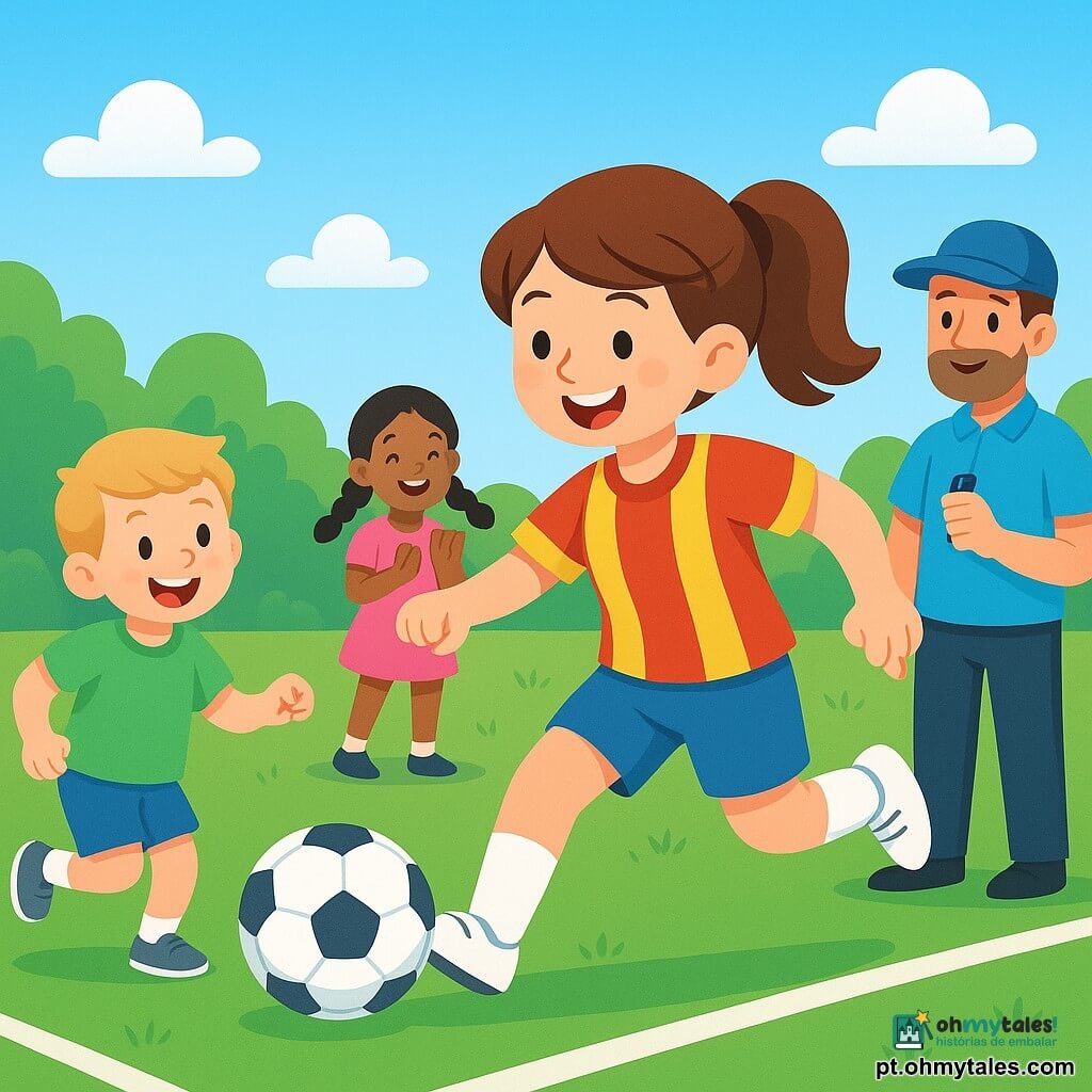 Uma jovem jogadora de futebol feliz e radiante, cabelo castanho em rabo de cavalo, pele clara, com camisa vermelha e amarela, shorts azuis e chuteiras brancas, chuta uma bola brilhante no centro do campo; um menino de 9 anos, amigo, cabelos loiros curtos, sorrindo, camiseta verde, corre da esquerda para alcançar a bola; uma menina de 8 anos, amiga, cabelos negros em trança, veste vestido esportivo rosa e aplaude perto do gol; o treinador, homem de ~35 anos, barba rala e boné azul, observa sorrindo na linha de toque com um apito; grande campo gramado verde com linhas brancas, pequeno gol à direita, céu azul claro com algumas nuvens e árvores ao fundo; momento de alegria ao marcar um gol, amigos aplaudem, expressões de cumplicidade, cores saturadas, contornos nítidos, atmosfera luminosa e calorosa.