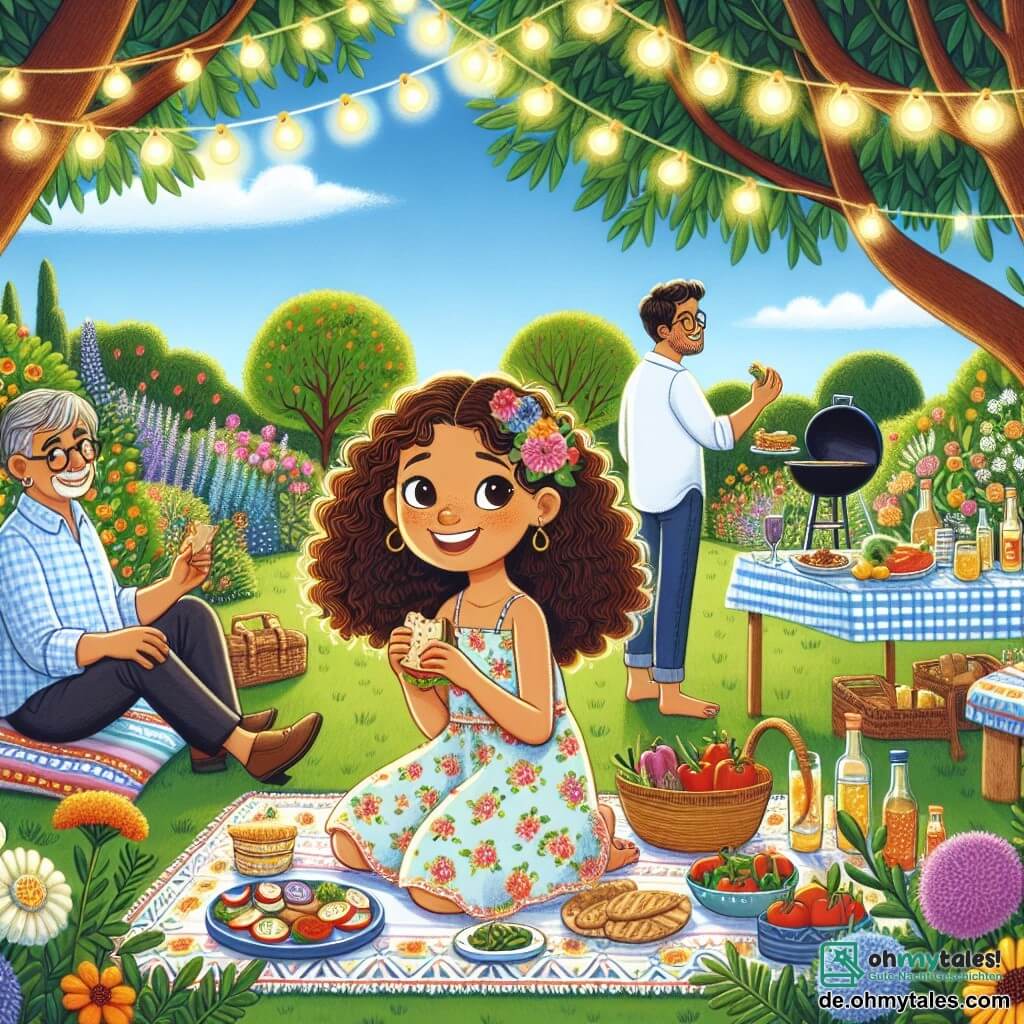 Ein 10-jähriges Mädchen, Mia, mit lockigem, braunem Haar und einem großen Lächeln, sitzt auf einer bunten Picknickdecke in einem sonnigen Garten. Sie trägt ein leichtes Blumenkleid und hält ein Sandwich in einer Hand, während sie fröhlich lacht. Neben ihr bereitet ihre Mutter, eine etwa 35-jährige Frau mit langen, glatten Haaren, Tapas auf einem kleinen Tisch vor, lächelnd und glücklich, diesen Moment mit der Familie zu teilen. Ihr Vater, ein etwa 40-jähriger Mann mit einem leichten Bart und Brille, steht im Hintergrund und grillt Gemüse auf einem Grill, während er mit Freunden spricht, die um den Tisch sitzen und eine warme, einladende Atmosphäre schaffen. Der Garten ist voller bunter Blumen, mit grünen Bäumen und einem klaren blauen Himmel, der mit einigen weißen Wolken übersät ist. Lichtergirlanden sind an den Ästen der Bäume befestigt und verleihen der Umgebung eine festliche Note. Die Hauptsituation zeigt Mia und ihre Familie, die ein Sommerpicknick genießen, umgeben von Lachen und guter Laune, während sie gemeinsam die spanischen kulinarischen Traditionen in einer fröhlichen und sonnigen Umgebung feiern.