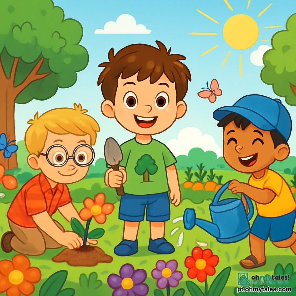 Há 3 personagens: - Pedro: um garoto de 7 anos, com cabelos castanhos bagunçados e olhos brilhantes. Ele usa uma camiseta verde com um desenho de árvore e um short de jeans. Ele está no centro, sorrindo, segurando uma pequena pá. - Miguel: um garoto de 7 anos, com cabelos loiros e óculos redondos. Ele veste uma camisa xadrez vermelha e uma calça bege. Ele está à esquerda de Pedro, plantando uma flor no chão. - João: um garoto de 7 anos, com cabelos pretos e um boné azul. Ele usa uma camiseta amarela e sandálias. Ele está à direita de Pedro, segurando um regador e regando as plantas com entusiasmo. O cenário é um jardim mágico, repleto de flores coloridas, grandes árvores com folhas verdes e legumes frescos em fileiras ordenadas. O céu é azul com algumas nuvens brancas, e um raio de sol ilumina o jardim, criando uma atmosfera alegre e acolhedora. A cena principal mostra os três amigos trabalhando juntos no jardim, rindo e ajudando-se a plantar flores e regar as plantas, rodeados de borboletas coloridas que voam ao seu redor, acrescentando um toque de magia à sua aventura ecológica.