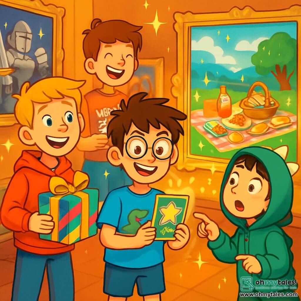 There are 4 children: - Sam: a 12-year-old boy with messy brown hair and round glasses. He wears a blue t-shirt with a dinosaur and shorts. He is in the center, smiling, holding a magic map. - Ben: a 12-year-old boy with blond hair and a big smile. He wears a red hoodie and jeans. He stands to the left of Sam, holding a colorful gift. - Milo: a 12-year-old boy with black hair and a dinosaur hoodie. He is to the right of Sam, pointing at an animated painting with wide eyes. - Josh: a 12-year-old boy with brown hair and a big smile. He wears a superhero-themed t-shirt and shorts. He is behind Sam, laughing and holding a joke book. The main setting is the Hall of Living Paintings in a magical museum. The walls are adorned with colorful paintings that come to life, featuring knights in shining armor and dancing princesses. Sparkling lights surround the artwork, and bright colors illuminate the room. The main situation shows the children discovering a picnic painting inviting them to sit down. They are amazed by the magic of the museum, surrounded by colorful food that seems to float in the air, creating a joyful and festive atmosphere.