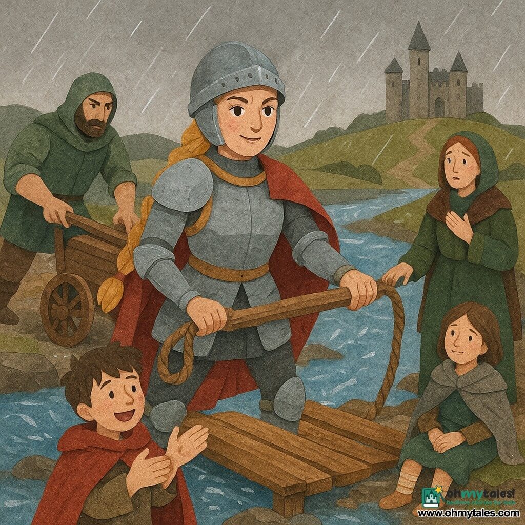 A female knight stands center with a determined, warm face and bright eyes, wearing light polished steel armor with gold highlights and a long blonde braid under an open helmet; she holds a sturdy rope in one hand and props a large log to stabilize an improvised bridge. To the left a wet-hooded guard in a gray-green outfit, about 30, pushes a cart across the bridge, sleeves rolled to show muscular arms and a focused expression. On the far bank an emissary in a green dress and fur cloak, about 40, watches anxiously, one hand to her chest and the other ready to grab the railing. In the foreground a roughly eight-year-old boy with a too-large cloak and messy brown hair applauds joyfully; behind him a ten-year-old girl sits on a rock with a bandaged ankle and a small blanket, smiling faintly. The setting is a wide, churning blue-and-white river with muddy banks, mossy stones, fallen trunks and a gray, drizzly sky; a muddy road leads to a distant stone castle with pointed towers. The scene shows the urgent construction of a makeshift bridge—nailed planks, tied ropes, splashing water and visible rain—conveying quiet tension and mutual aid with bold contrasting colors and cut-out shapes.