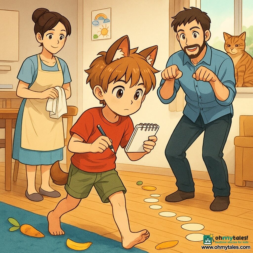 An 8-year-old boy with a round face, messy light brown hair, big bright eyes and a curious, focused expression wears a red T-shirt, khaki shorts and small fabric fox ears; he holds a notebook and pencil and follows a trail of small paper circles on the floor. A woman of about 35 with tied brown hair, a gentle smile and a light apron stands left by the kitchen table holding a dish towel and watching kindly. A man of about 36 with a short beard and a blue shirt strikes a playful pose behind the boy, miming a fox and ready to help, slightly to the right. A tabby cat named Muffin sits on the windowsill with a calm, regal gaze. Interior: bright home combining kitchen and living area, light wood floor, blue rug with a lifted corner revealing a hidden paper circle, low shelf with books and potted green plants, a colorful drawing near the fridge. Main scene: the boy follows a winding paper trail (paper circles, paper carrots, small paper bananas) that snakes across the floor and partly up the shelf; warm, cozy domestic-adventure atmosphere with visible textures and soft morning light. Style: children’s manga, clean lines, exaggerated but tender expressions, vivid contrasting colors.