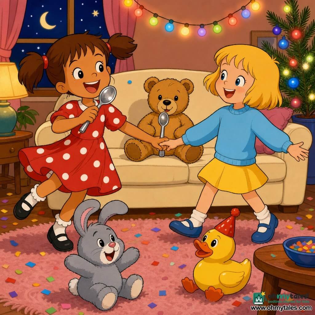 Five characters: Lila, a 6-year-old girl with brown pigtails in a red polka-dot dress holding a shiny spoon like a microphone, standing left and spinning while singing; Mia, a 6-year-old girl with short blonde hair in a sky-blue sweater and yellow skirt holding Lila’s hand and smiling, standing right; Teddy, a light-brown teddy bear with sewn black eyes seated on the couch with the spoon in front as if about to sing; Floppy, a gray floppy-eared plush rabbit on the rug looking joyful; and Mr. Duck, a shiny yellow plastic toy duck with a small red party hat beside Floppy looking toward the girls — cozy living room at night with a cream sofa, pale pink rug, wooden coffee table, multicolored string lights and a small decorated pine branch, warm soft lighting, confetti and sparkling lights, and the two girls doing a New Year’s karaoke for their toys, festive and joyful.