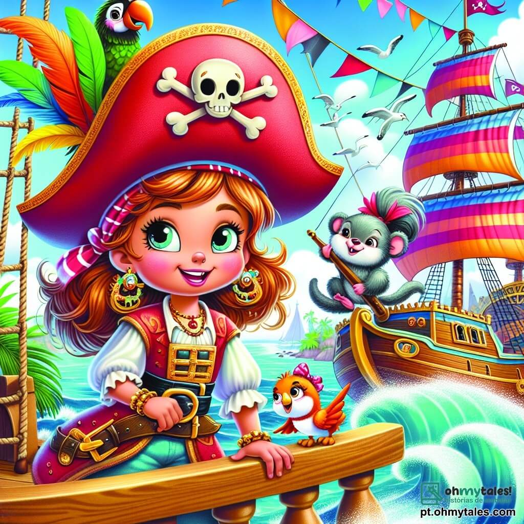 A Capitã Sofia, uma corajosa mulher pirata de cerca de trinta anos, usa um grande chapéu vermelho adornado com penas e um sorriso determinado. Ela está no convés de seu navio, o Feliz Tesouro, com os olhos brilhando de excitação. Ao seu lado, Tico, um pequeno macaco travesso, sobe no mastro, enquanto Zuzu, um papagaio de penas vibrantes, voa ao seu redor gritando alegremente. Lili, uma pequena rato cinza com um laço rosa na cabeça, observa atentamente da borda do navio, pronta para ajudar. O local é um porto animado, com velas coloridas flutuando ao vento e barcos de todos os tamanhos ancorados. Ondas cintilantes batem suavemente no casco do navio, e gaivotas voam no céu azul. A situação principal mostra Sofia e seus amigos elaborando um plano para proteger seu navio de piratas maliciosos que querem roubá-lo, com expressões de determinação e amizade em seus rostos.