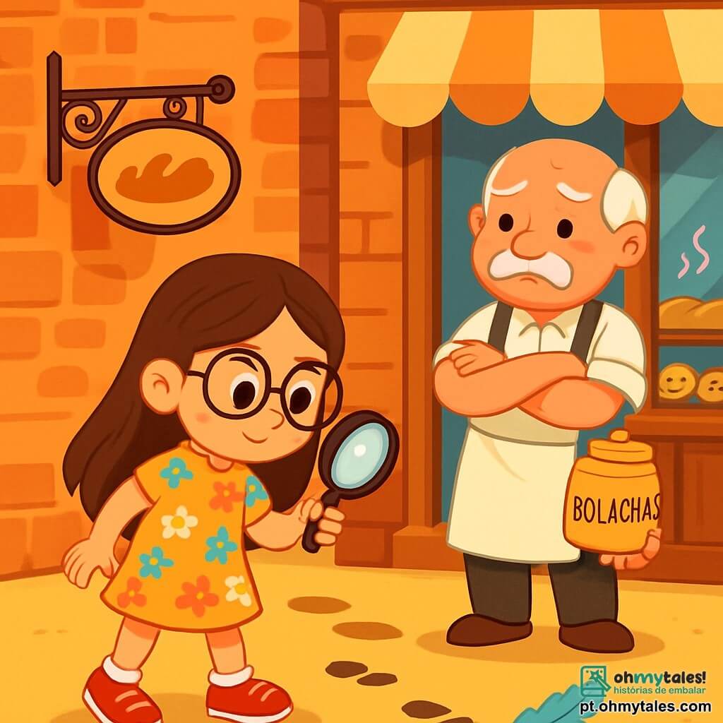 Uma menina, Sofia, de 8 anos, com longos cabelos castanhos e óculos redondos, está em pé no centro da imagem, segurando uma lupa com um olhar determinado e curioso. Ela usa um vestido colorido com flores e tênis vermelhos. Ao lado dela, o Sr. Joaquim, um homem de 60 anos com um bigode branco e um avental de padeiro, observa ao redor com uma expressão triste, de braços cruzados, em frente à sua padaria. A cena acontece diante de uma charmosa padaria de tijolos vermelhos, com janelas de madeira e uma placa de ferro forjado. Aromas de pão fresco e biscoitos flutuam no ar, e pequenos bolos estão expostos no balcão. Sofia examina o chão, onde há pegadas e uma pena azul, enquanto o Sr. Joaquim lhe mostra o pote vazio de seus biscoitos mágicos, criando uma atmosfera de mistério e aventura.