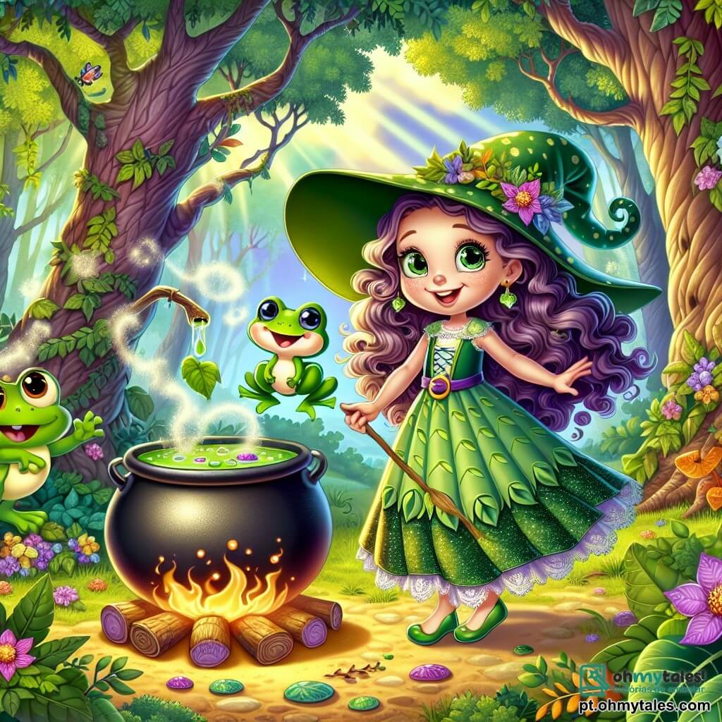 Em uma floresta encantada, uma bruxa chamada Belinda, uma jovem com longos cabelos cacheados roxos, veste um vestido verde decorado com padrões de folhas. Com um sorriso travesso no rosto e olhos brilhantes de curiosidade, ela está diante de um grande caldeirão fumegante, despejando ingredientes coloridos com entusiasmo. Ao seu lado, um pequeno sapo chamado Miguel, um adorável anfíbio verde com manchas amarelas, salta alegremente, rindo de todo o coração, como se estivesse pronto para mergulhar na poção. Perto dali, a rã Rita, uma bela rã com escamas cintilantes, observa a cena com olhos arregalados, intrigada pela magia que acontece. O cenário é uma clareira iluminada, cercada por árvores majestosas e folhas brilhantes, enquanto flores coloridas dançam ao vento. Raios de sol filtram-se através dos galhos, criando uma atmosfera mágica e alegre. A cena principal mostra Belinda, Miguel e Rita preparando uma poção de risos, cheia de bolhas efervescentes e cores vibrantes, enquanto risadas ecoam no ar, transformando a floresta em um lugar de alegria e magia.
