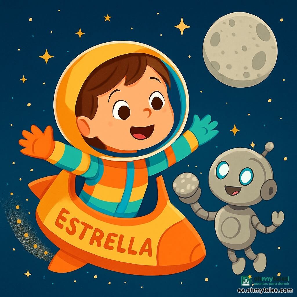 Una mujer sonriente, Ana, flota en el espacio dentro de su nave espacial "Estrella". Tiene cabello castaño y ojos que brillan de alegría, vistiendo un traje espacial brillante y colorido. Ana mira maravillada por la ventana, con los brazos abiertos, como si quisiera tocar las estrellas. A su lado, un pequeño robot amistoso, con un cuerpo plateado y ojos luminosos, le hace señas. El robot es redondo y alegre, y le muestra una roca lunar brillante a Ana, quien está fascinada por su descubrimiento. La escena transcurre en la inmensidad del espacio, con estrellas centelleantes y una gran luna gris y craterizada que brilla a lo lejos. La nave "Estrella" está rodeada de polvo de estrellas, creando una atmósfera mágica. La situación principal muestra a Ana y al robot compartiendo un momento de descubrimiento, con expresiones de alegría y emoción en sus rostros, listos para explorar la belleza de la luna.
