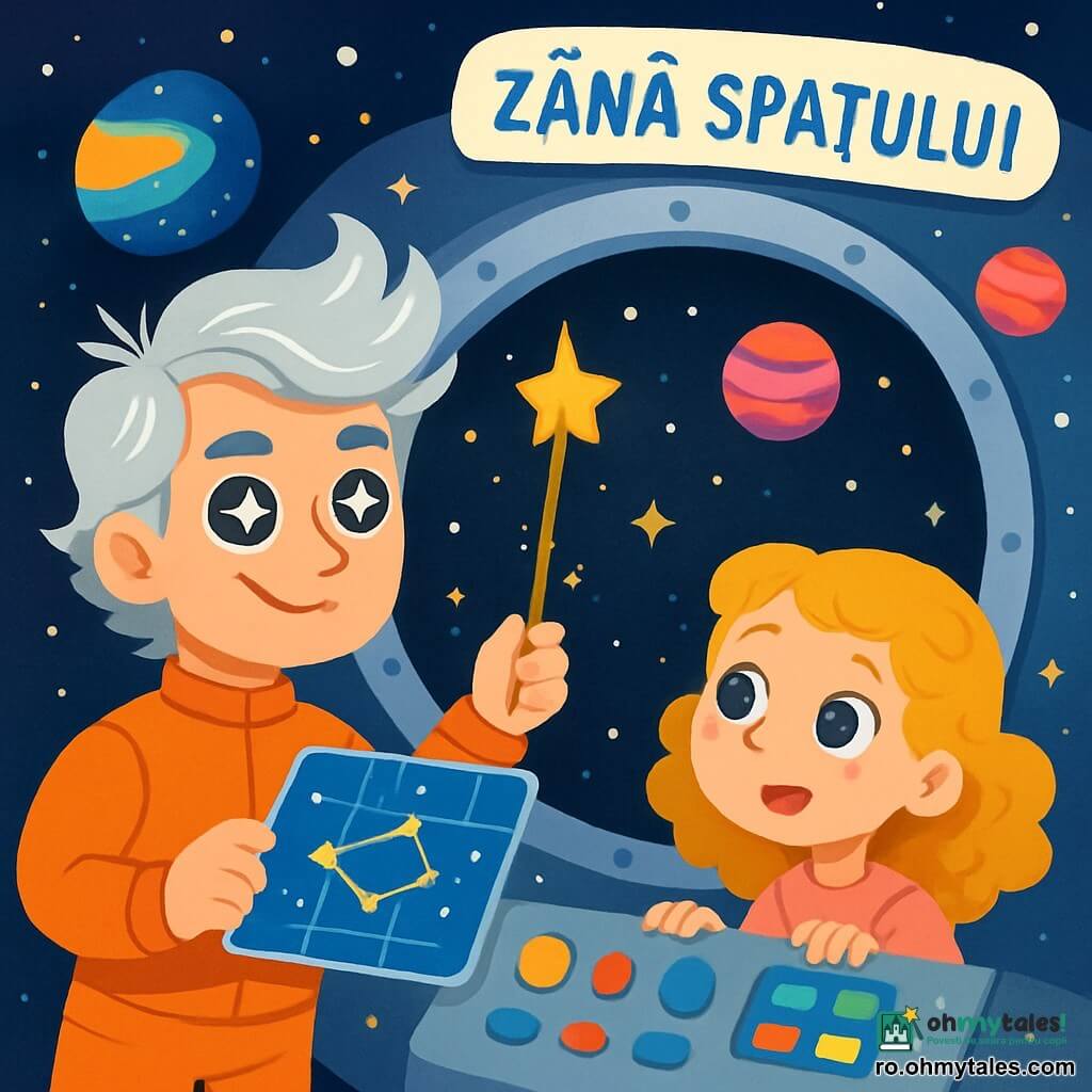 Un bărbat pe nume Călin, cu ochi strălucitori ca stelele și părul argintiu fluturând în spațiu, stă în fața feronerie a navei sale spațiale, „Zâna Spațiului”. Are o expresie determinată și entuziastă, ținând în mână o baghetă sclipitoare. Lângă el, o fetiță cu părul buclat și auriu, de aproximativ 8 ani, observă cu uimire stelele prin feronerie, cu ochii strălucind de curiozitate. Decorul este o vastă întindere de spațiu, presărată cu planete colorate în nuanțe vibrante de albastru, roz și violet, cu stele strălucitoare care iluminează fundalul negru. Nava spațială este împodobită cu lumini intermitente și butoane colorate, plutind ușor în imensitate. Situația principală arată cum Călin și fetița se pregătesc să plece într-o misiune pentru a salva o stea bolnavă, înconjurați de o lumină magică emanată de baghetă, în timp ce o hartă galactică flotantă arată destinația lor misterioasă.