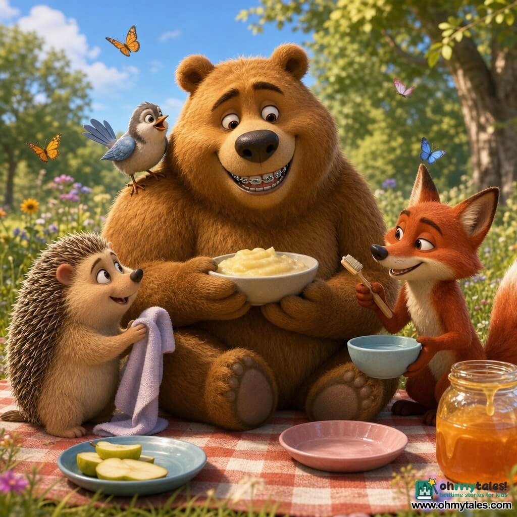 Bramble Bear, a large honey-brown bear with round eyes, smiles gently showing shiny silver dental caps while holding a bowl of pear purée, calm and proud; Pip the sparrow, small grey with pale blue wings, perches on Bramble’s shoulder chirping, joyful and curious; Tula the small hedgehog with light chestnut quills looks surprised and caring, crouched left holding a soft cloth near Bramble’s paw; Juno the red fox with mischievous eyes stands right with a small brush and a bowl of warm water, reassuring smile; scene: a sunny meadow clearing picnic with a checkered blanket, colorful plates, a jar of golden honey and butterflies, trees and deep blue sky; main situation: a warm picnic where the animals gently care for Bramble after a sticky honey incident; visual style: 3D animated film render, soft golden lighting, centered composition, readable exaggerated expressions, warm pastel color palette, realistic textures.