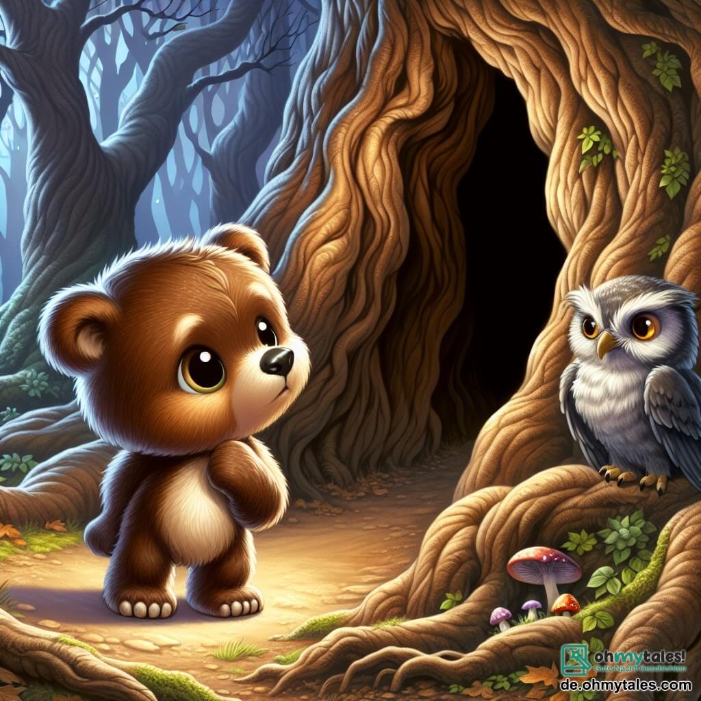 Ein kleiner brauner Bär mit großen, glänzenden Augen und weichem Fell steht vor einem riesigen, knorrigen Baum, sein Herz schlägt vor Aufregung und Angst. Neugierig schaut er auf die dunkle Öffnung im Stamm, seine Pfoten leicht zitternd, bereit, in eine geheimnisvolle Welt einzutreten. Neben ihm sitzt eine alte Eule mit grauen Federn und weisem Blick auf einem niedrigen Ast und beobachtet die Szene besorgt, ihre Flügel leicht ausgebreitet, als wolle sie den jungen Bären beschützen. Der Ort ist ein tiefes, altes Waldgebiet, in dem die Bäume wie Riesen aufragen und ihre verzweigten Äste ein dunkles Blätterdach bilden, das nur einige goldene Lichtstrahlen durchlässt. Der Boden ist mit toten Blättern und bunten Pilzen bedeckt, was der Atmosphäre einen Hauch von Magie verleiht. Die Hauptsituation zeigt den Bären, der zögert, in den geheimnisvollen Baum einzutreten, während die Eule ihn aufmerksam beobachtet, was eine spürbare Spannung zwischen der Aufregung des Abenteuers und der Angst vor dem Unbekannten erzeugt.