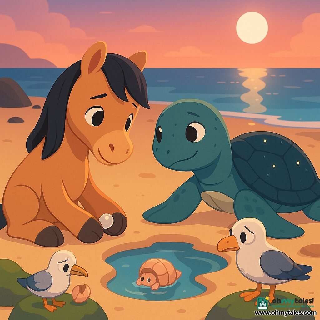 A young horse named Clover, shy but brave, kneels on honey-colored sand holding a small sparkling pearl; nearby Marina, a calm sea turtle with a dark shell flecked like stars, rests by a tide pool and smiles gently; a sly little seagull perches on a rock clutching a broken shell while a tiny beige-pink hermit crab peeks from its cracked shell; twilight shore with mirror-like pools, green mossy rocks, deep blue ocean and a pink-orange sky with a silver moon path; a warm, pastel-lit moment of forgiveness and repair as Clover offers the pearl, everyone watching with shy, reassuring expressions.