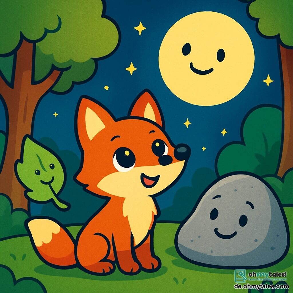Ein kleiner Fuchs mit funkelnden Augen und glänzendem rotbraunem Fell, mit einem neugierigen und fröhlichen Ausdruck, steht im Mittelpunkt der Szene und schaut den großen, hellen Mond an, der am sternenklaren Himmel strahlt. Neben ihm tanzt ein leichtes grünes Blatt im Wind, hat ein fröhliches Lächeln und scheint um den Fuchs zu wirbeln. Ein großer grauer Stein, solide und gelassen, liegt im Hintergrund, mit einem ruhigen und freundlichen Ausdruck, der die Szene weise beobachtet. Der Ort ist ein verwunschener Wald mit dicken Baumstämmen und leuchtend grünen Blättern, erleuchtet vom sanften Licht des Mondes. Funkelnde Sterne durchziehen den Himmel und verleihen der Atmosphäre einen magischen Touch. Die Hauptsituation zeigt den kleinen Fuchs, der den Mond etwas fragt, während das Blatt und der Stein aufmerksam zuhören, was einen Moment des Teilens und Nachdenkens unter dem sternenklaren Himmel schafft.