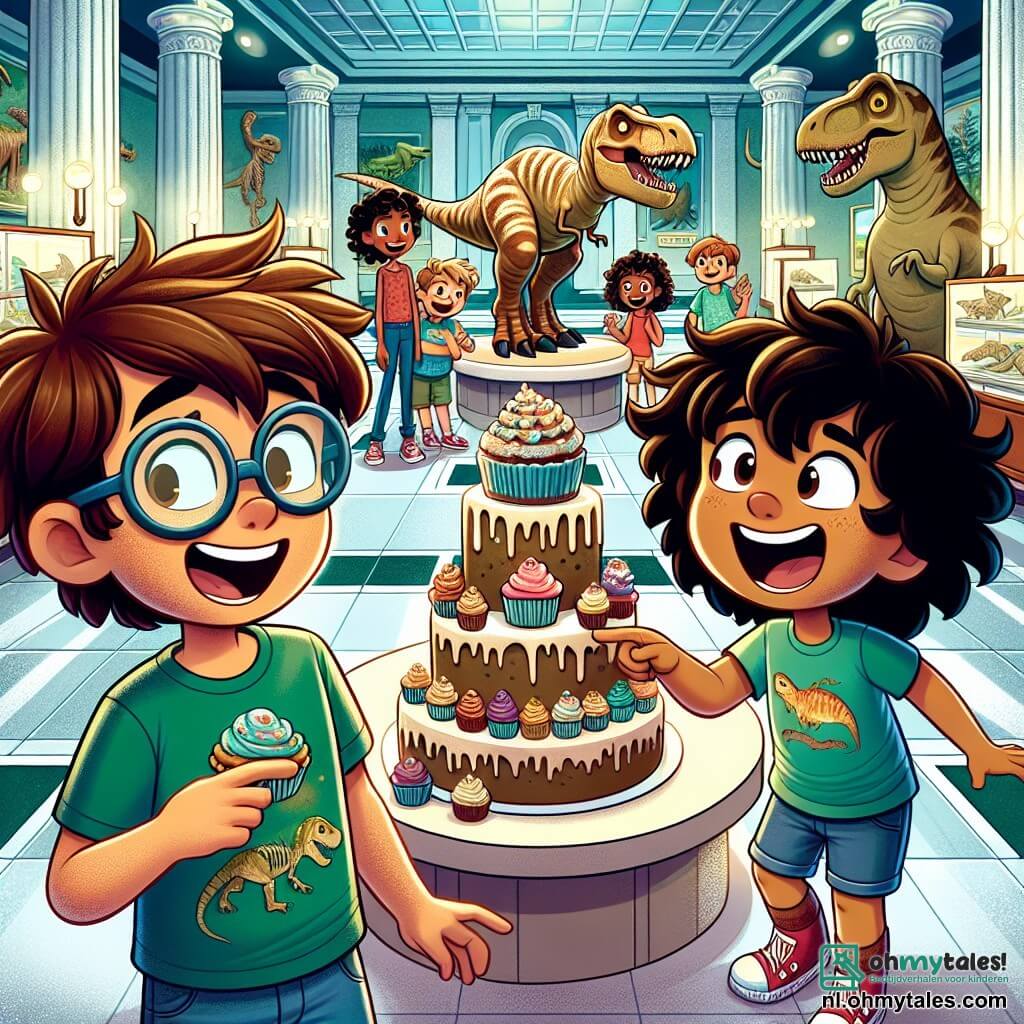 Een 12-jarige jongen, Tom, met messy kastanjebruin haar en ronde bril, glimlacht opgewonden terwijl hij voor een grote tafel staat, versierd met kleurrijke cupcakes en een prachtige dinosauruscake. Hij draagt een groene T-shirt met een T-rex erop en een blauwe short. Naast hem lacht zijn beste vriendin Lisa, een 11-jarig meisje met lang, krullend haar, terwijl ze een cupcake in haar hand vasthoudt, met sprankelende ogen van vreugde. Iets verderop wijst Sam, een 12-jarige jongen met een vierkante bril en een rode T-shirt, vol verwondering naar een grote dinosaurussenmodel. De scène speelt zich af in een museum vol dinosaurusskeletten, met muren versierd met prehistorische illustraties en vitrines met oude schatten. De vloer is van glanzend marmer en zachte lichten verlichten de ruimte, wat een magische sfeer creëert. De hoofdscène toont Tom en zijn vrienden die zijn verjaardag vieren, omringd door feestelijke versieringen, zingend en lachend, terwijl een grote banner "Gelukkige Verjaardag" boven hen hangt, wat een vleugje kleur aan het evenement toevoegt.