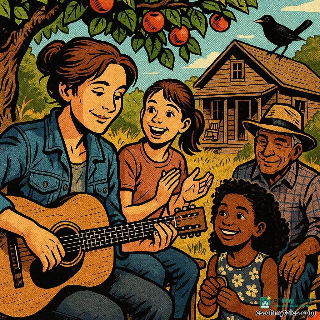 Mujer adulta — Nora — sonriente y serena, pelo castaño recogido en un moño despeinado, chaqueta vaquera gastada, tocando una guitarra acústica sobre las piernas, dedos en las cuerdas, mirada cálida y concentrada; niña — Maia — unos 11 años, coleta castaña, expresión curiosa y alegre, sentada en un banco junto a Nora acompañando con palmas ligeras; niña — Lía — unos 11 años, cabello rizado, vestido de flores, sentada en una silla junto a una cesta de tomates, sonríe sosteniendo un pequeño chasquido; hombre — señor Tomás — unos 65 años, piel bronceada, sombrero de paja, camisa a cuadros, sentado marcando el ritmo sobre la pierna con aire enternecido; un mirlo posado en una rama del manzano parece cantar en respuesta; lugar: jardín de casa de campo al mediodía con mesa y sillas de madera envejeci­das, manzano frondoso, hierba dorada por el sol, luz cálida y sombras suaves, fondo de casa de madera con porche y mecedora antigua; situación: pequeño concierto acústico bajo el manzano, ambiente íntimo y apacible, sonidos suaves — guitarra, voces apagadas, palmas — público reducido, gestos amistosos y primeros planos de manos, sonrisas y texturas (grano de la madera, cuerdas, tejido del sombrero).