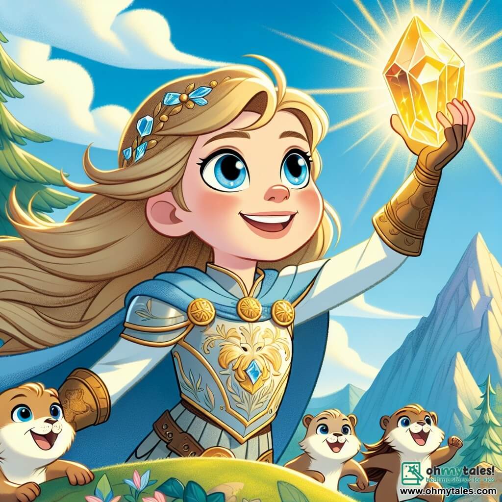Elara, a brave young woman of about 18, stands proudly at the top of a mountain, with long golden hair flowing in the wind and bright blue eyes. She wears light armor adorned with floral patterns and holds the shimmering Crystal of Light high in her hand, radiating a golden warmth that illuminates her determined and joyful face. Beside her, a group of adorable otters with shiny fur and sparkling eyes cheer her on, joyfully bouncing on the edge of the cliff, ready to accompany her on her adventure. The backdrop features a majestic mountain surrounded by lush forests and soft clouds, with a bright blue sky contrasting against the dark shadows of the cave behind Elara, where the witch Morwenna hides. The main scene shows Elara, full of bravery, raising the Crystal of Light to chase away the darkness, while the radiant light pushes back the threatening shadows, symbolizing hope and victory over evil.